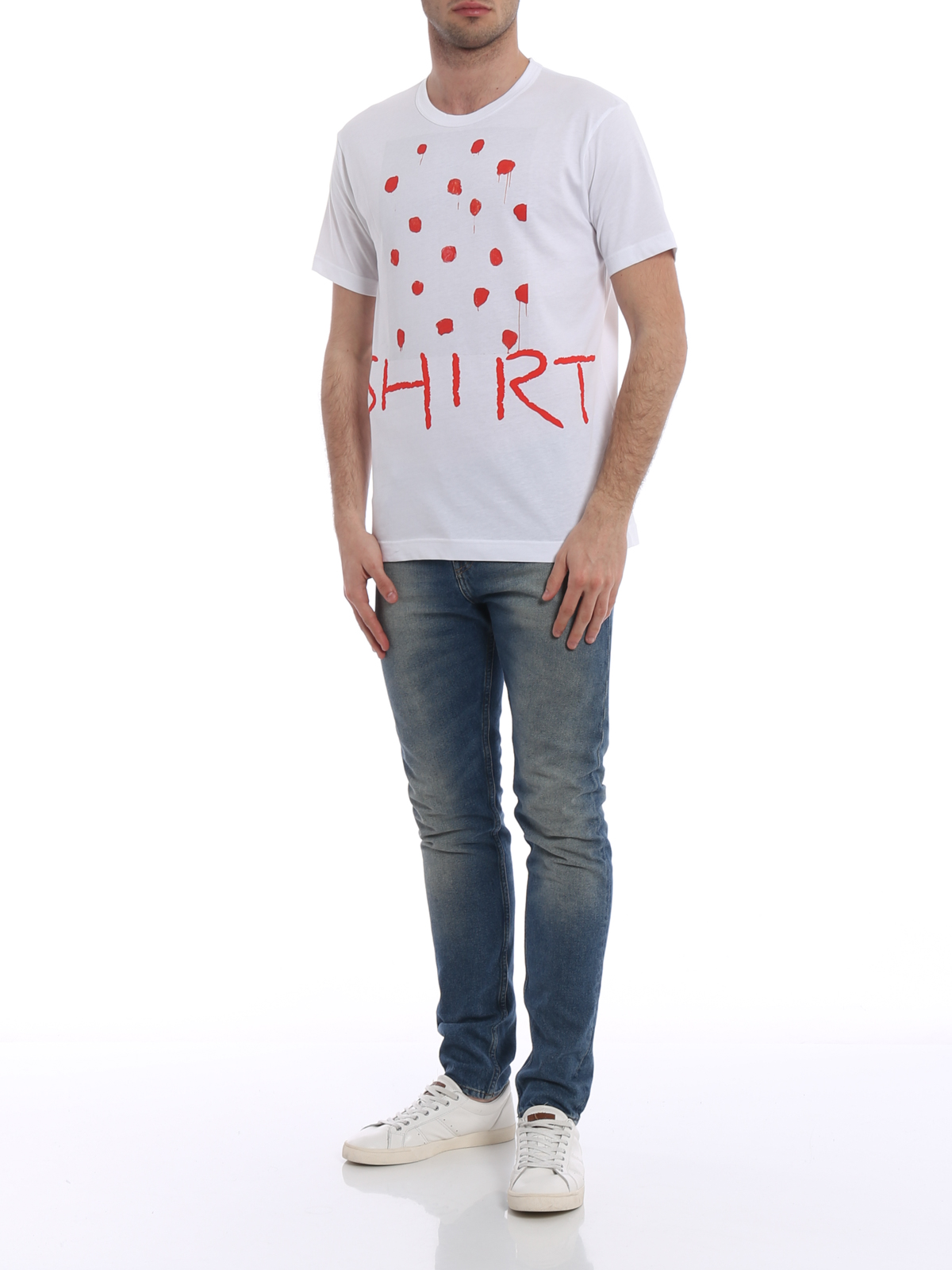Shop Comme Des Garçons Shirt Red Shirt Print Cotton T-shirt In White