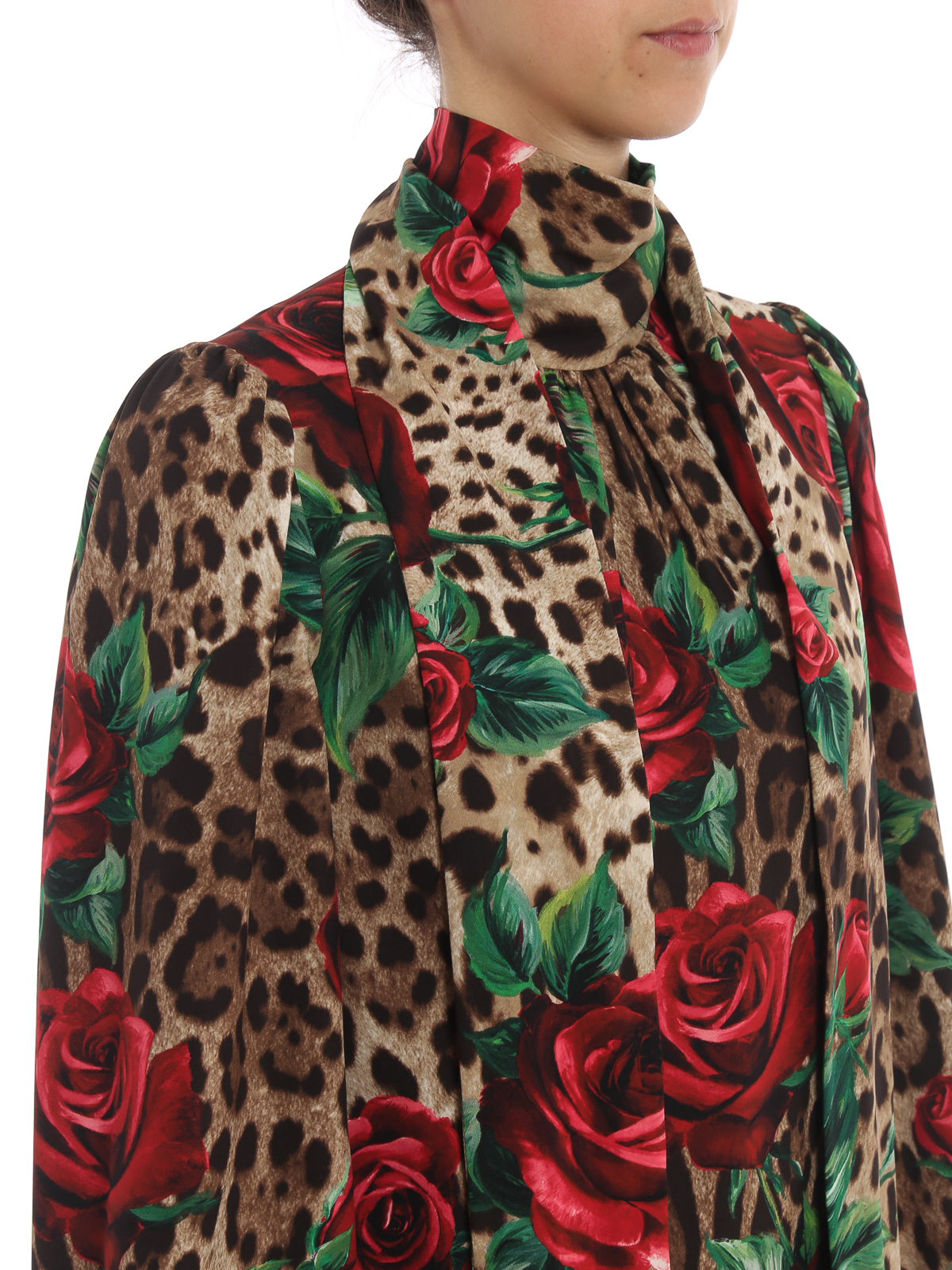 Dolce & Gabbana Pussy bow Leo and Rose print silk dress