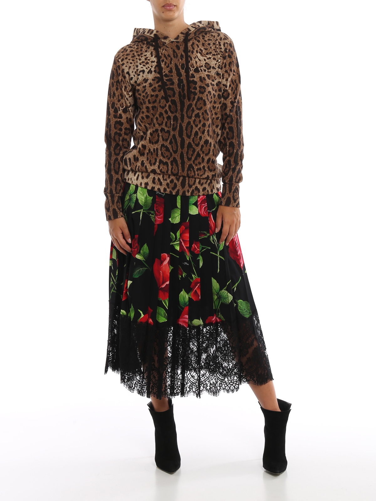 Dolce & Gabbana Lace trimmed rose print silk pleated skirt