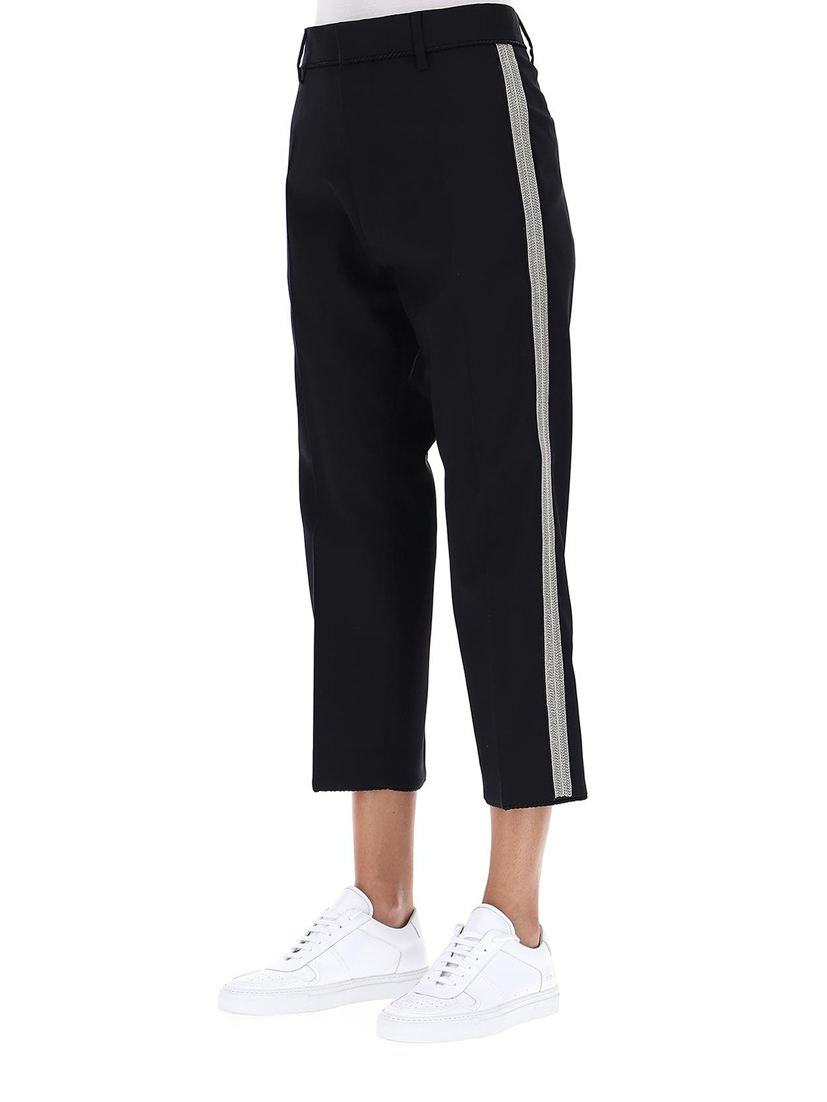 Shop Dsquared2 Cropped Wool Trousers With Contrasting Bands In Negro