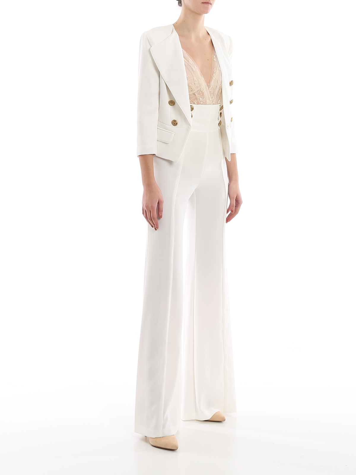 セットアップ Elisabetta Franchi Cropped White Suit With Classic Blazer Elisabetta Franchi White cropped blazer with golden buttons