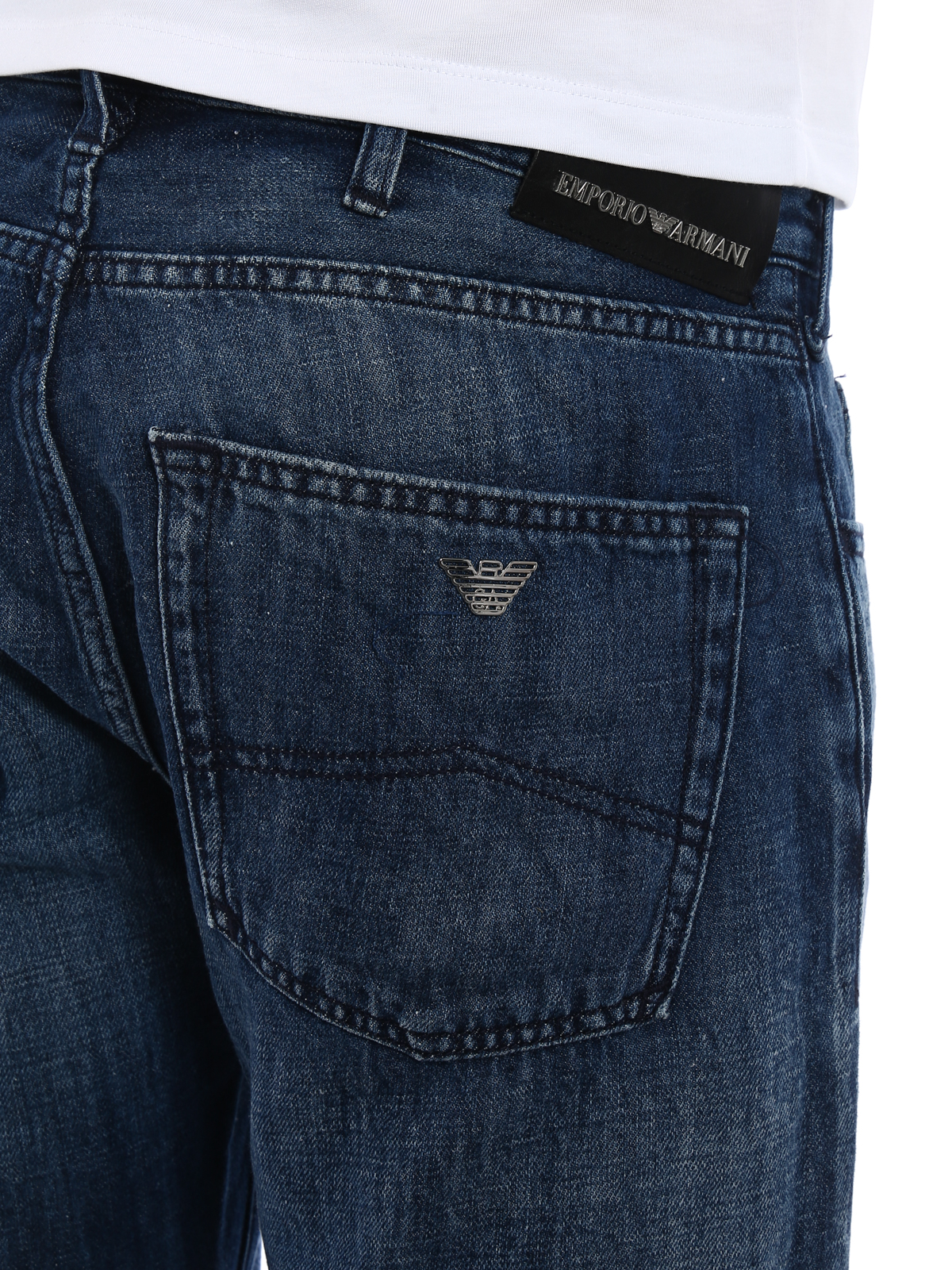 Shop Emporio Armani Dark Wash Cotton And Linen Jeans