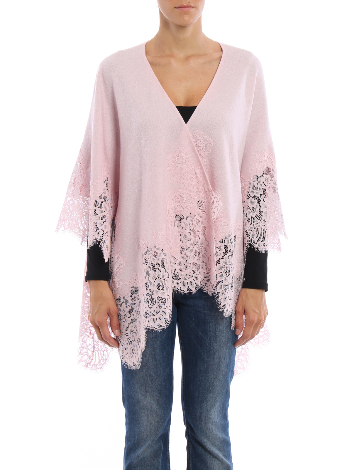 Ermanno Scervino See-through lace trimmed wool cape|D992D001PWE31904
