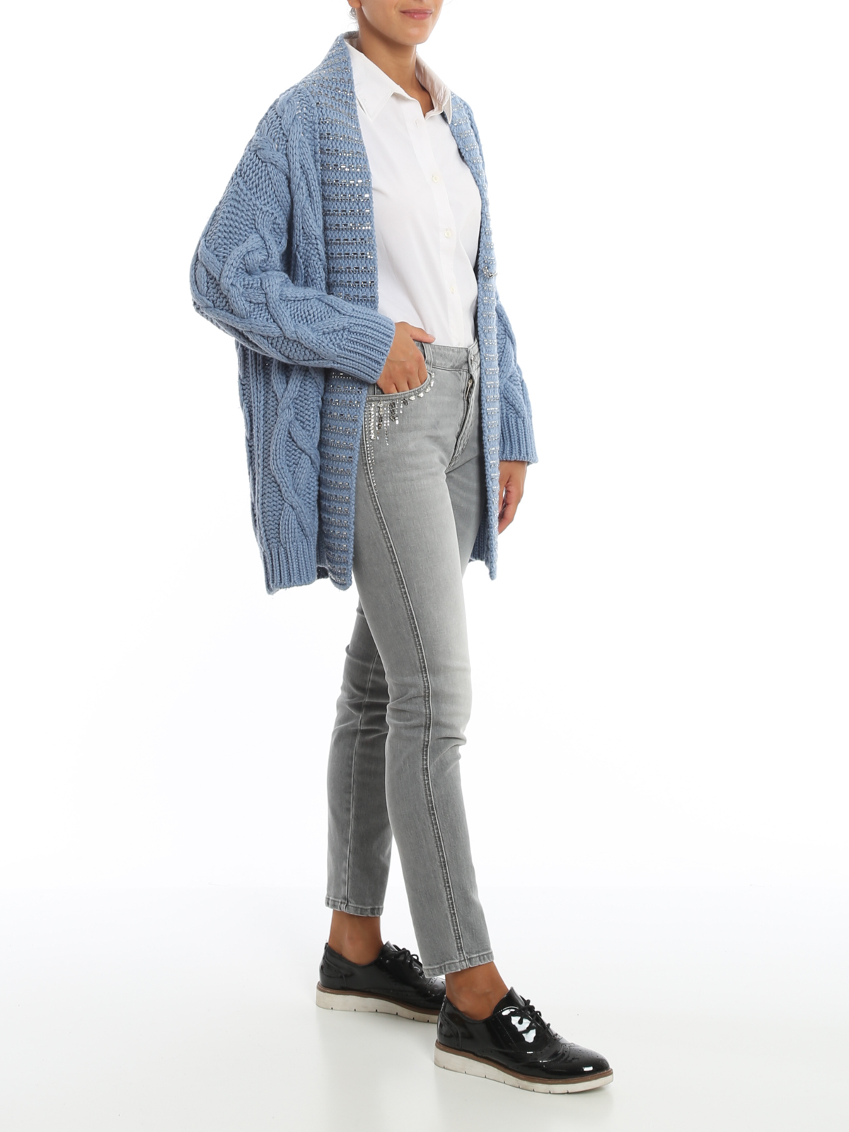 Ermanno Scervino Crystal trim oversized rib-knit cardigan