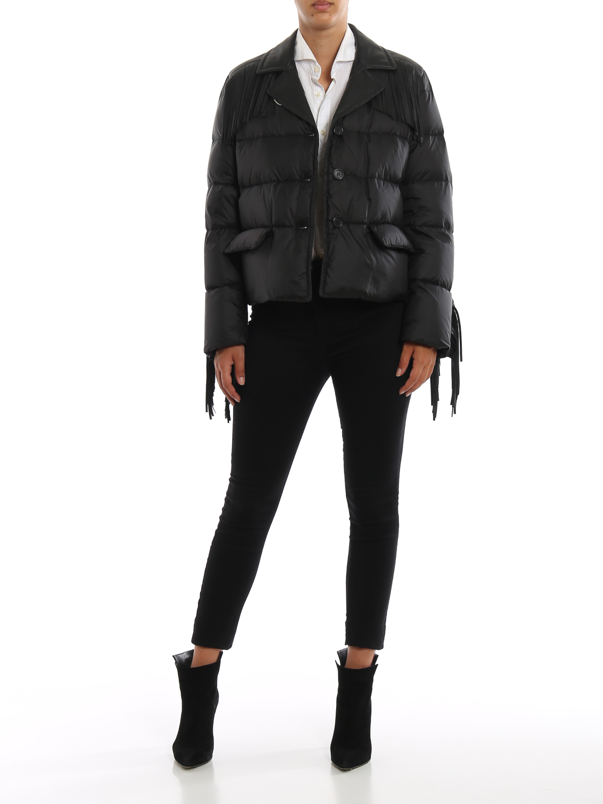 ERMANNO SCERVINO レザージャケット 50 L 黒 本革 Ermanno Scervino Leather fringed puffer jacket|D350A308IGH95708