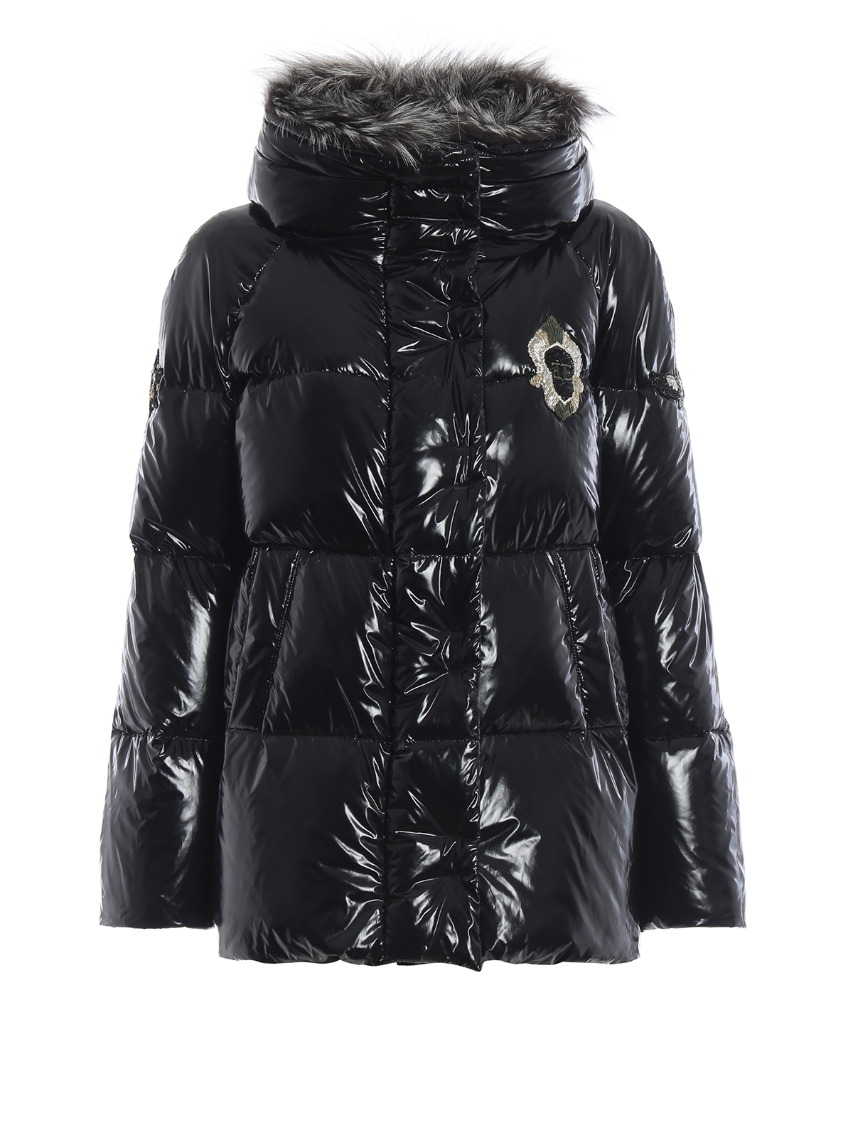 Ermanno Scervino Fur collar patent black short puffer coat D330A323VOBWA95708