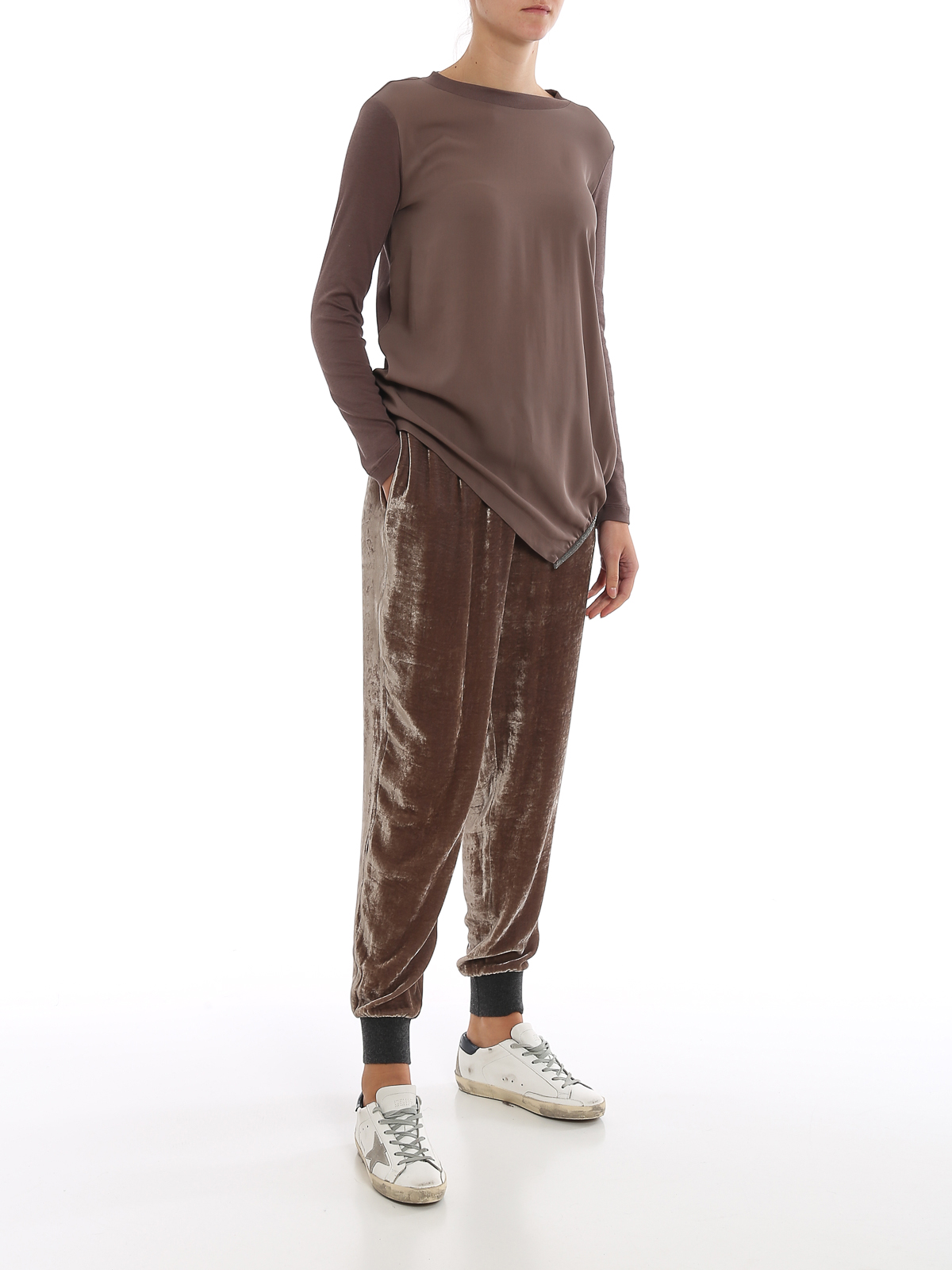 Shop Fabiana Filippi Knitted Cuffs Velvet Trousers In Taupe