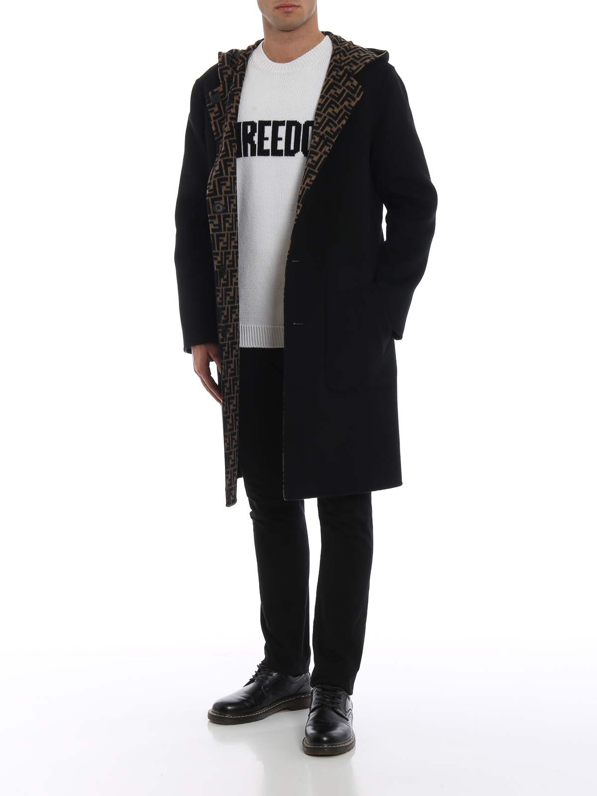 Fendi Wool hooded reversible coat - Black - Men | FF0249A4LJQE1