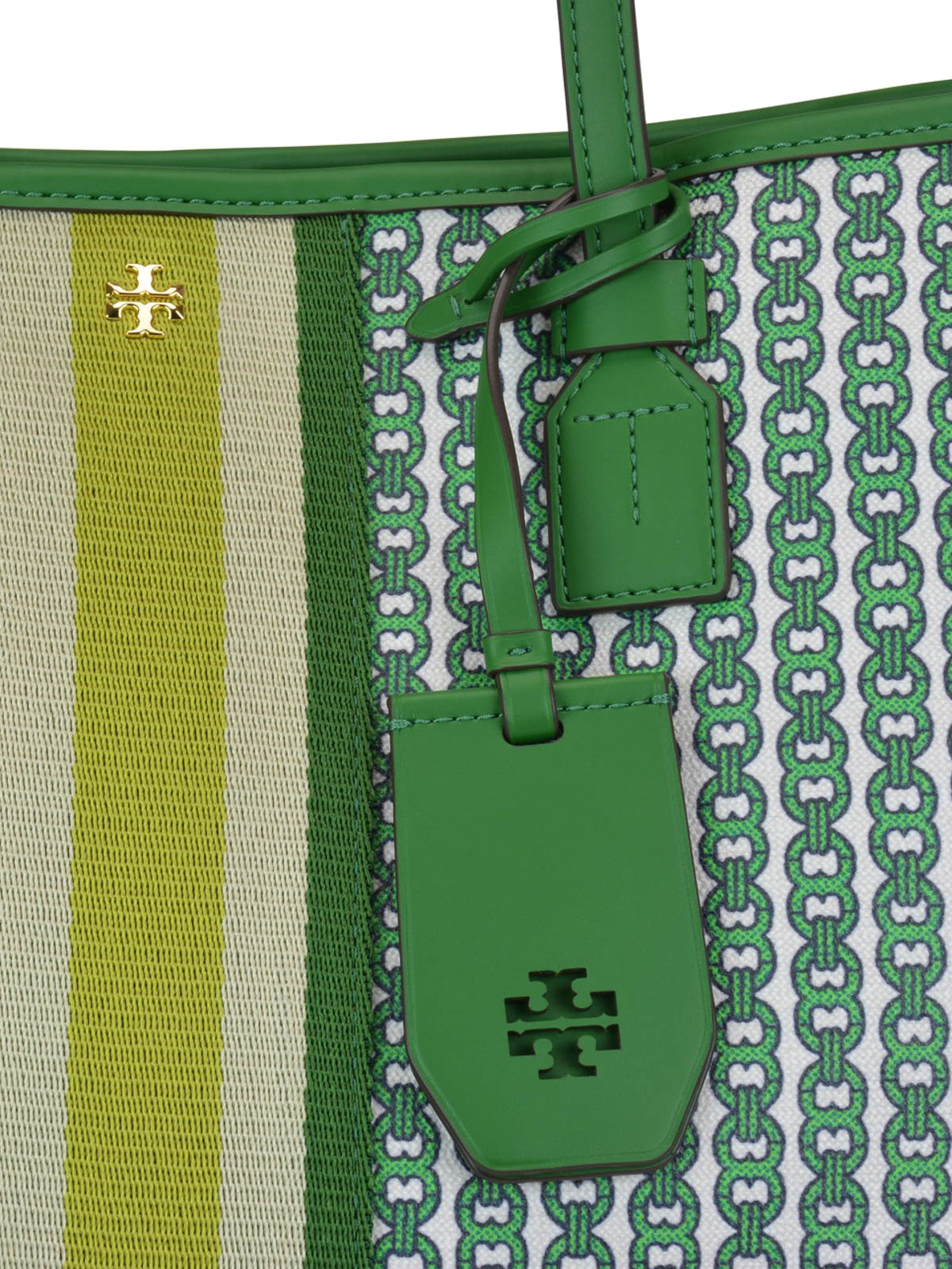 TORY BURCH Green White Stripe Gemini Link Small Tote Shoulder Bag
