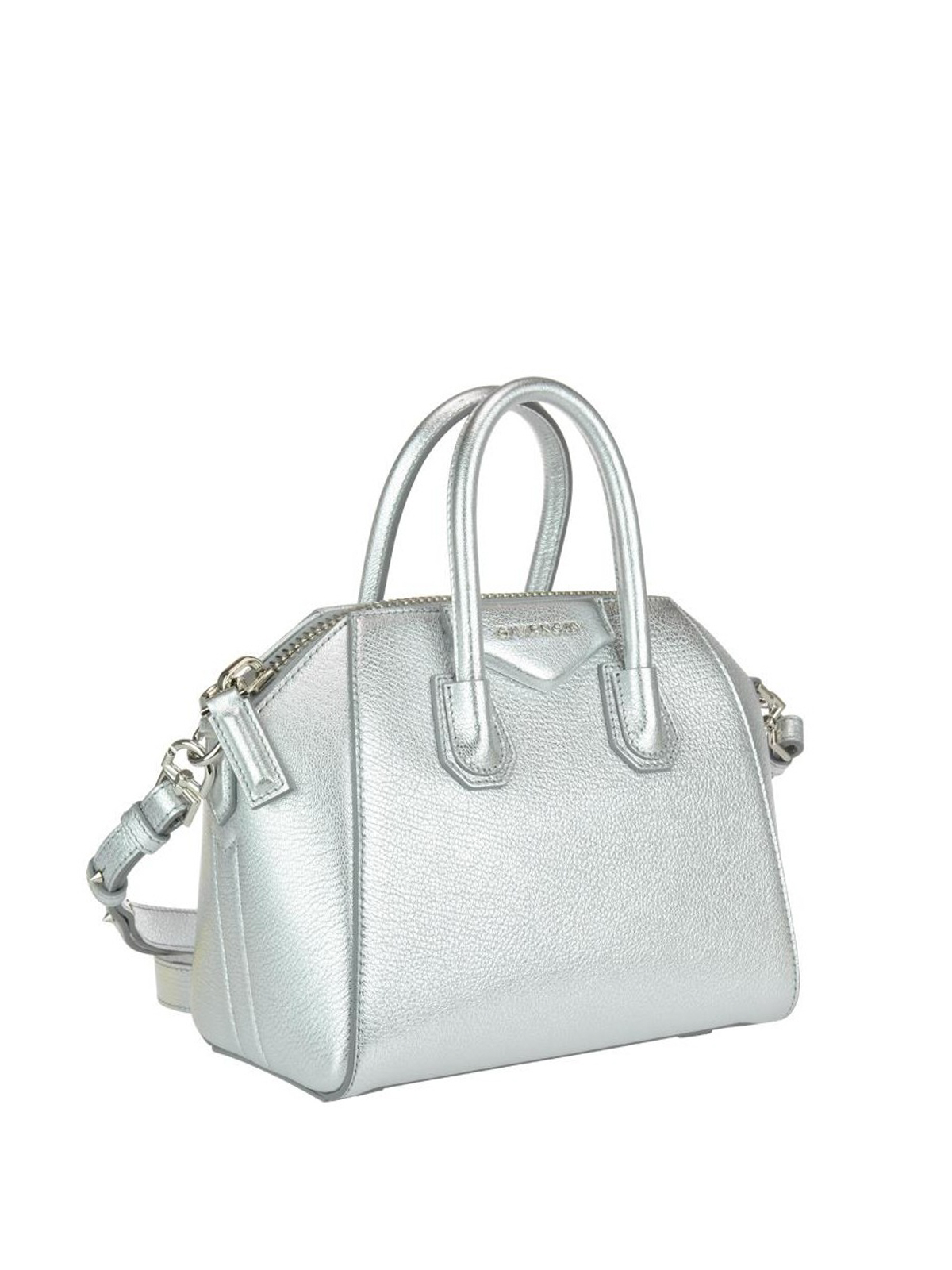 Micro Antigona bag in laminated leather - silvery grey
