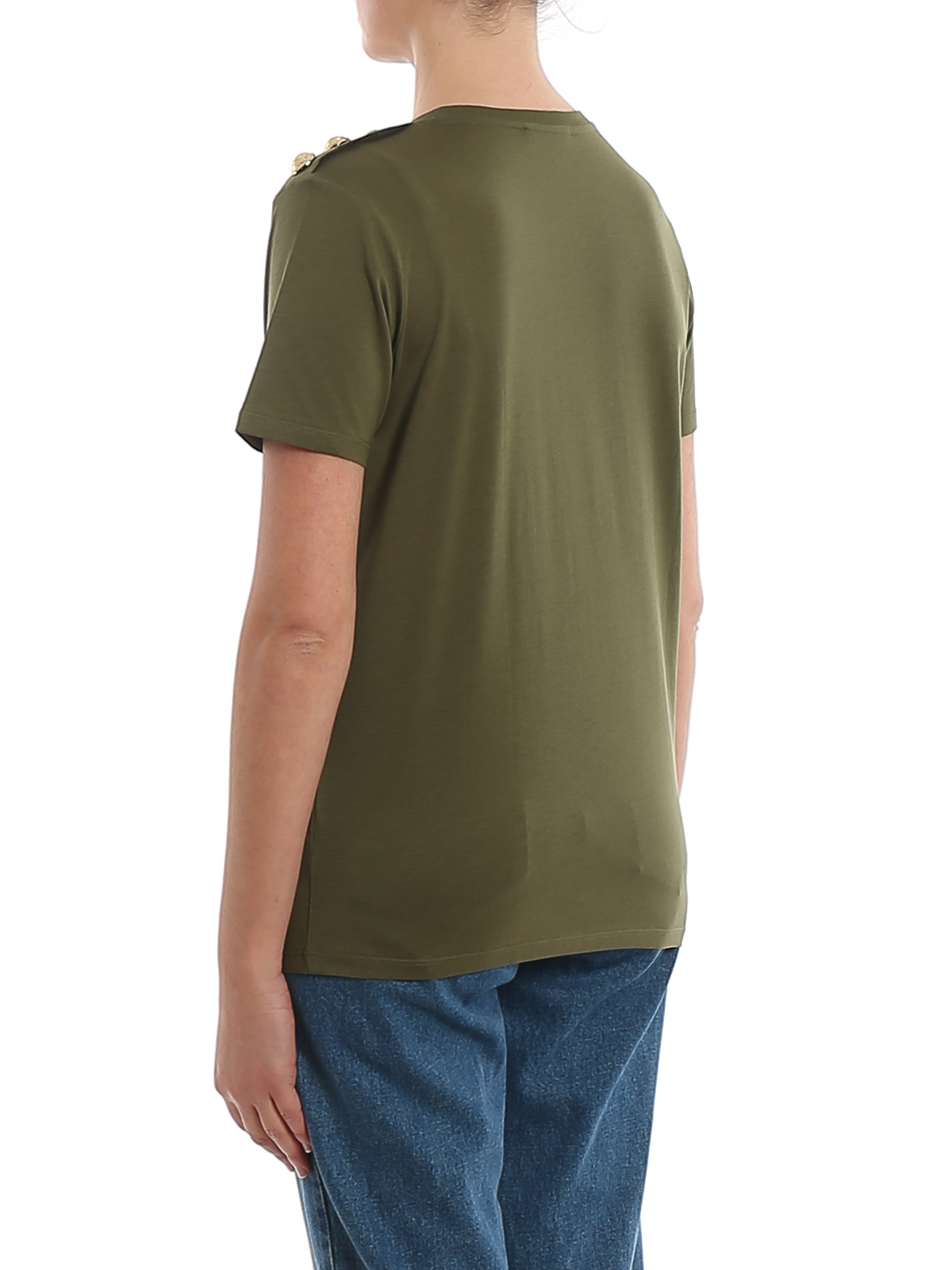 Balmain Green cotton buttoned logo print T-shirt