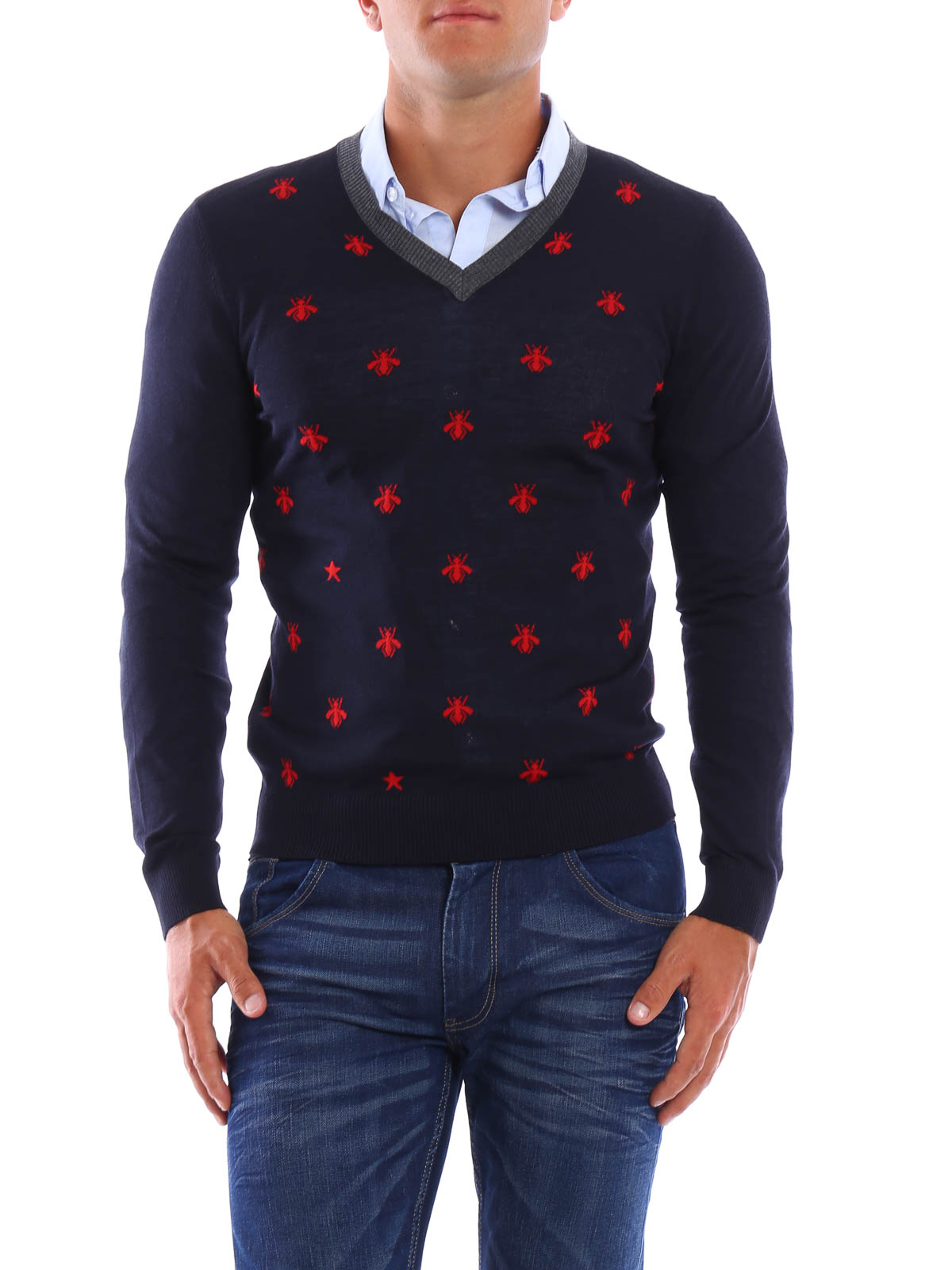Gucci Bee and star V-neck - Dark Blue - Men | 431749X13114703