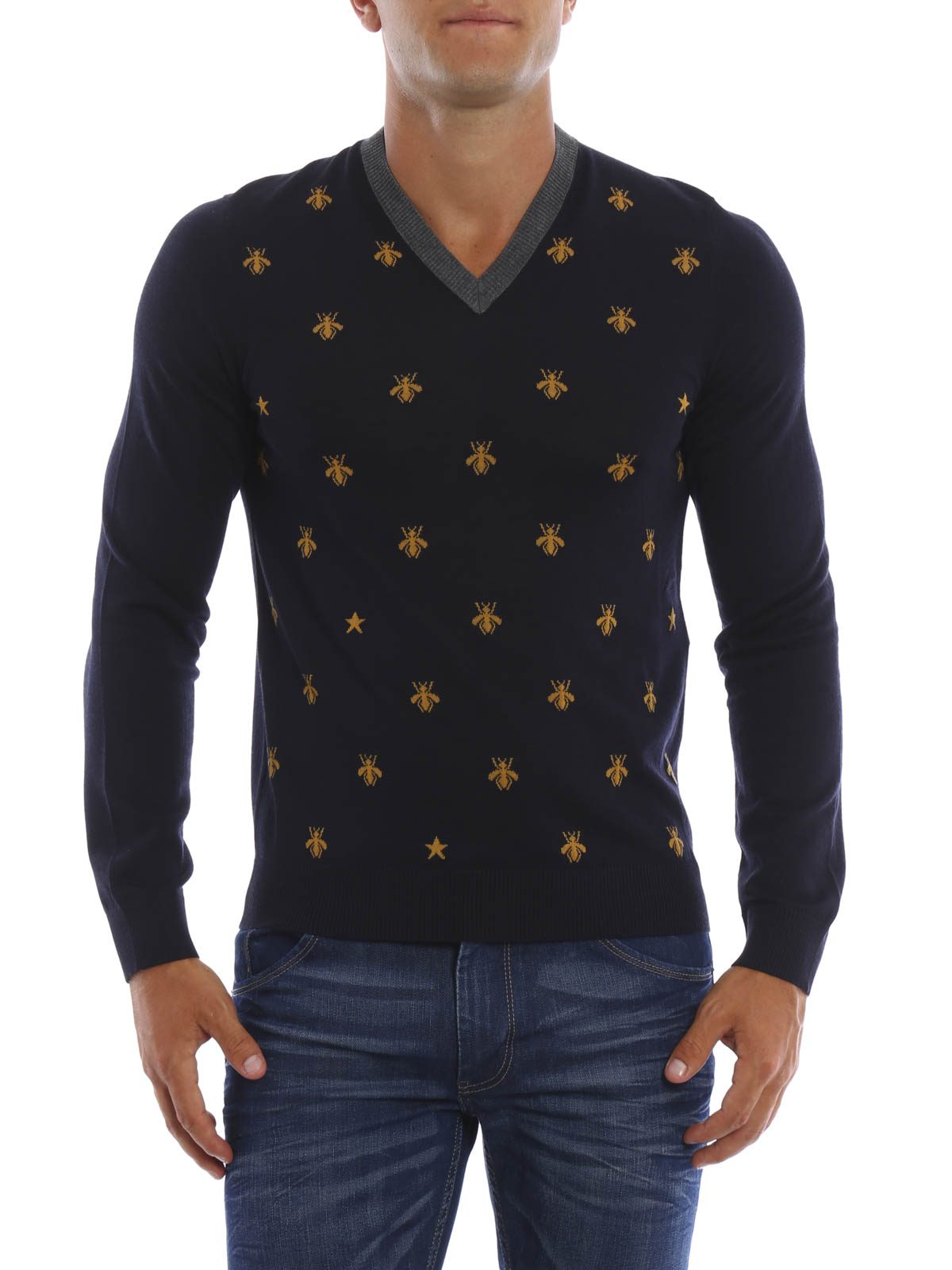 Gucci Bee and star V-neck - Blue - Men|431749X13114559
