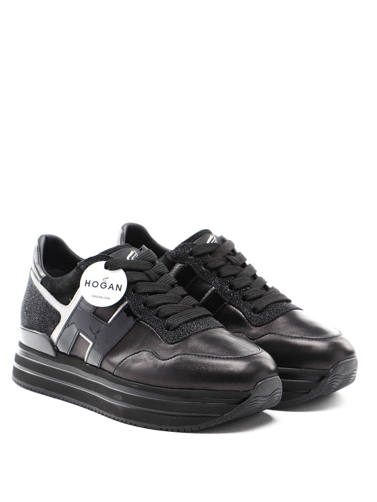 Shop Hogan H483 Leather And Glitter Sneakers In Black