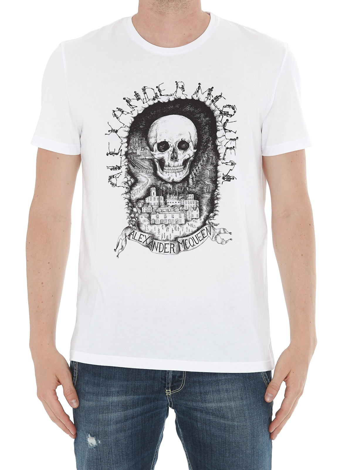 Skull Cotton Jersey T Shirt in White - Alexander Mc Queen