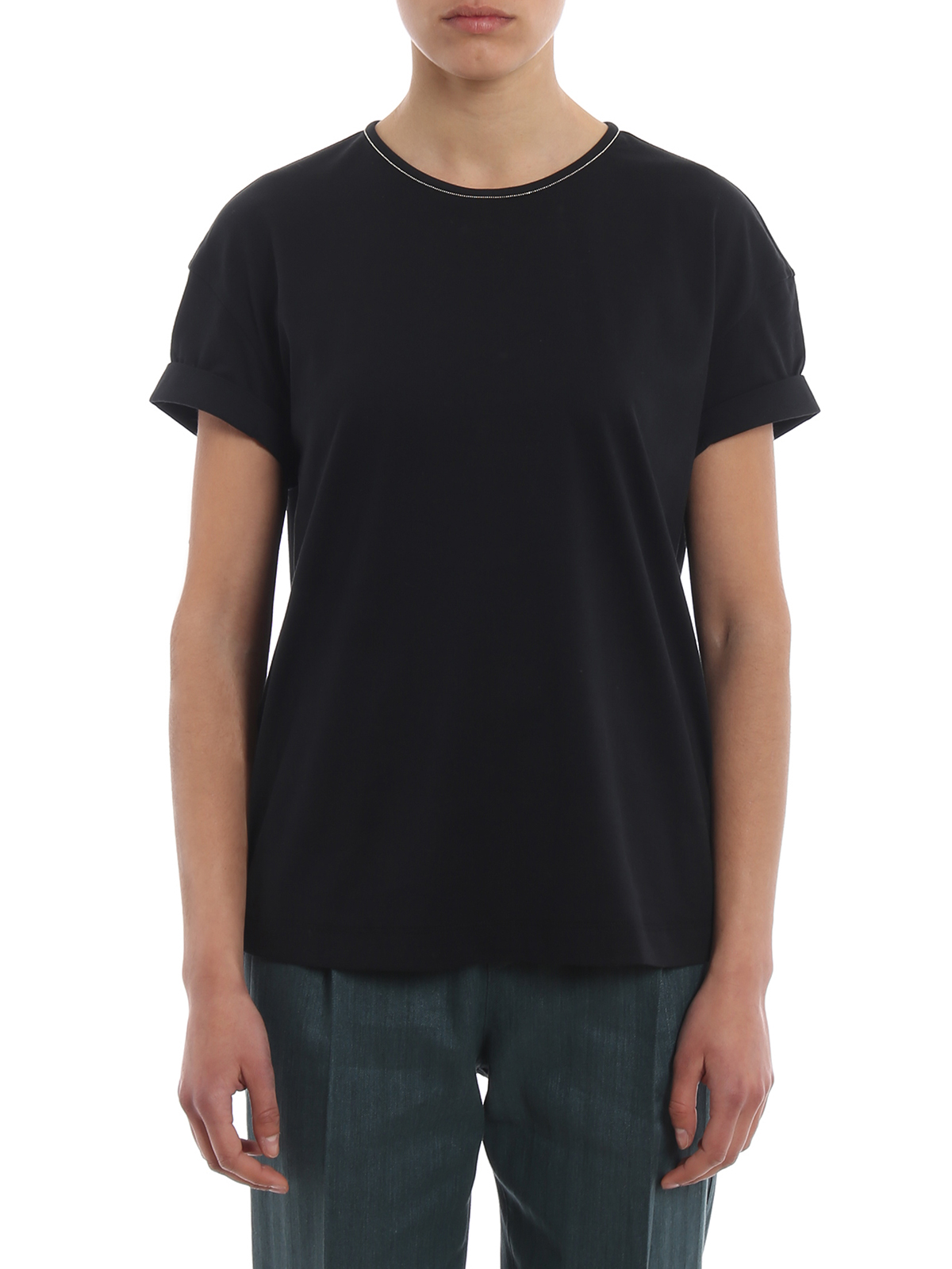 T-shirts Brunello Cucinelli - Black jersey T-shirt with monili