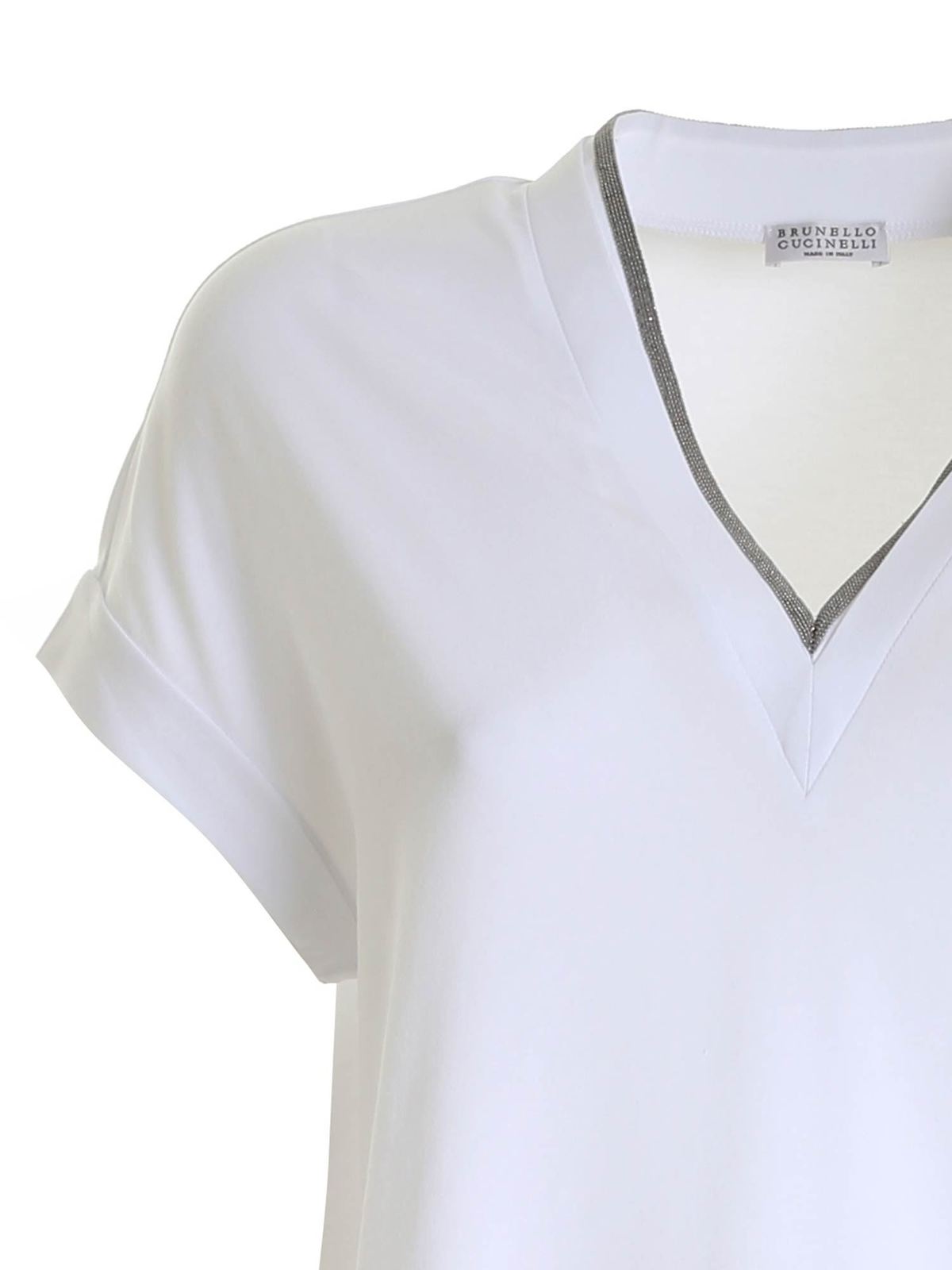 Shop Brunello Cucinelli Embellished Neckline T-shirt In White