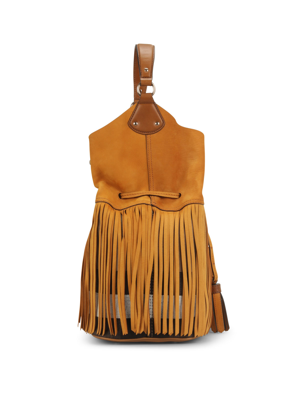 Burberry Leather & Check Canvas Fringe Bucket Bag