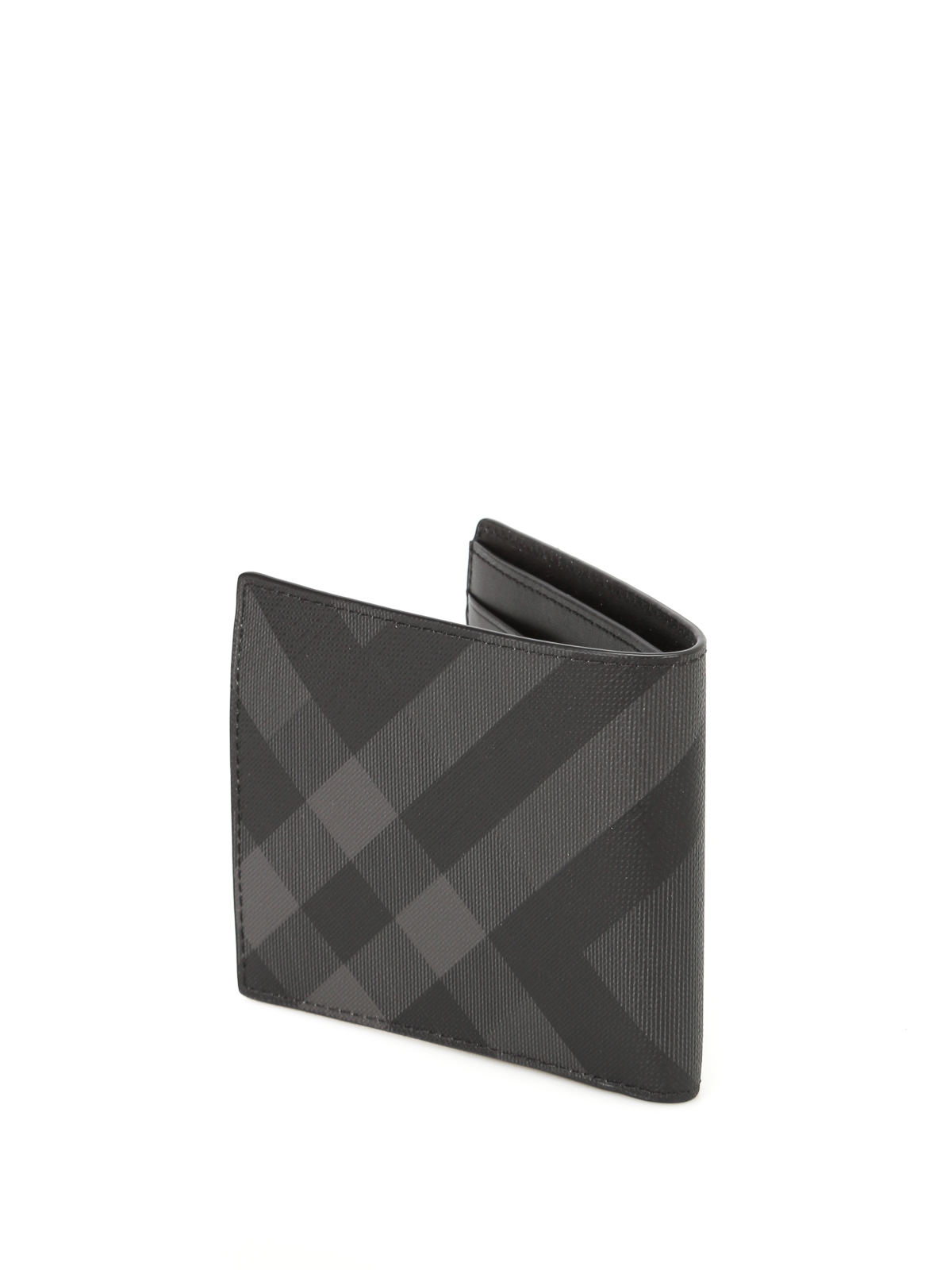 Check and Leather Card Case in Charcoal - Men