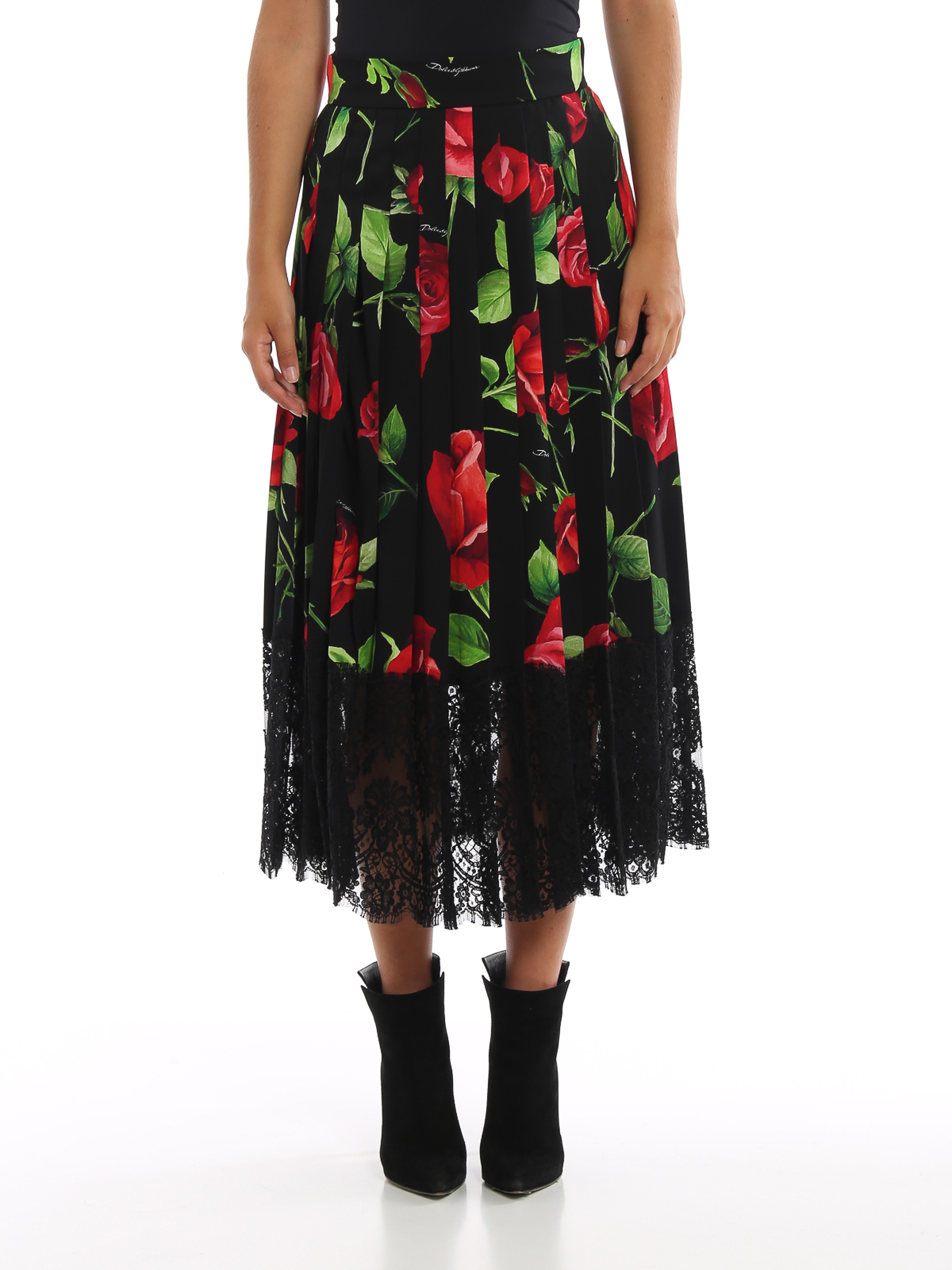 Dolce & Gabbana Lace trimmed rose print silk pleated skirt