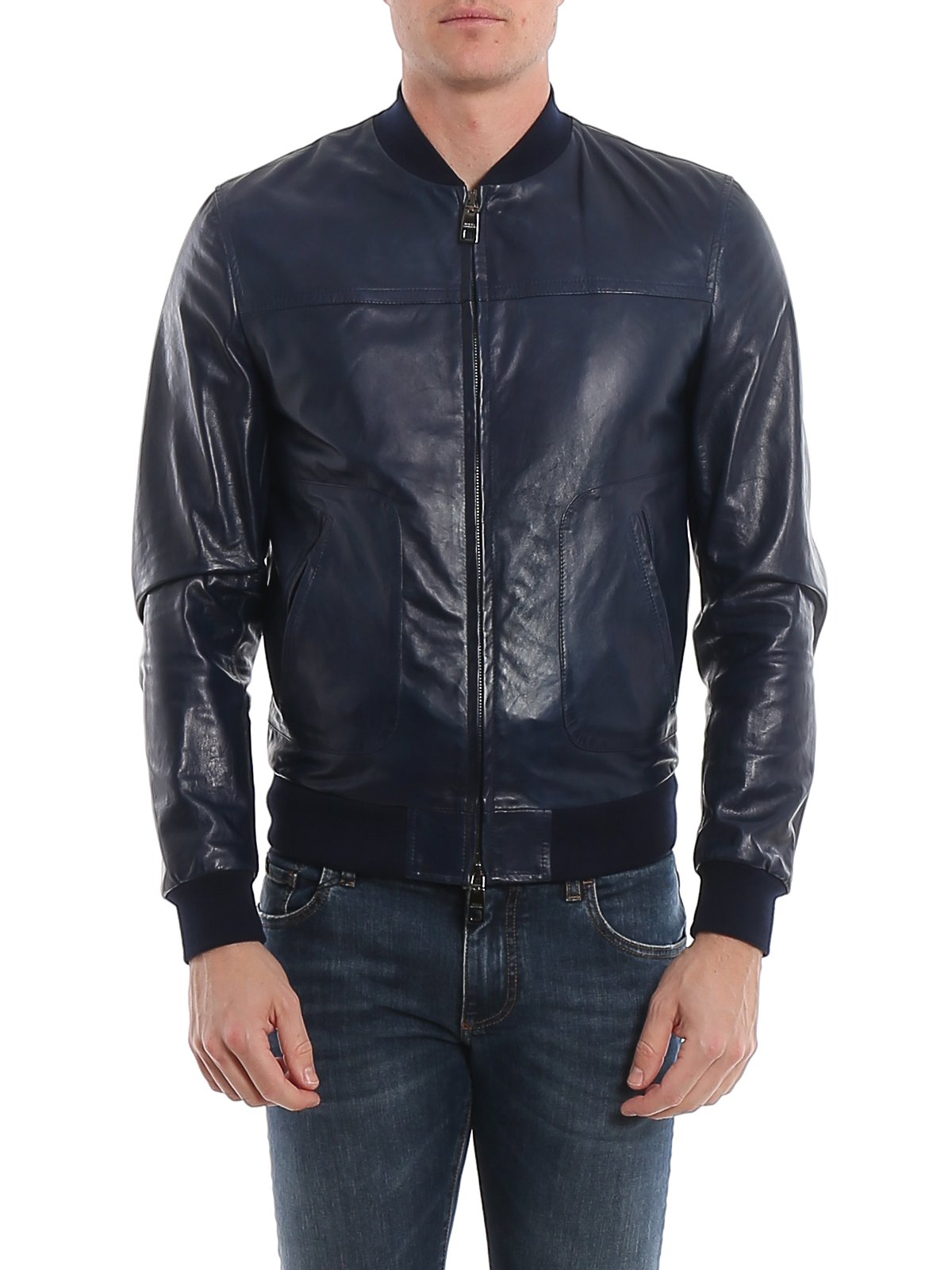 Dolce & Gabbana Leather Bomber Jacket - Blue