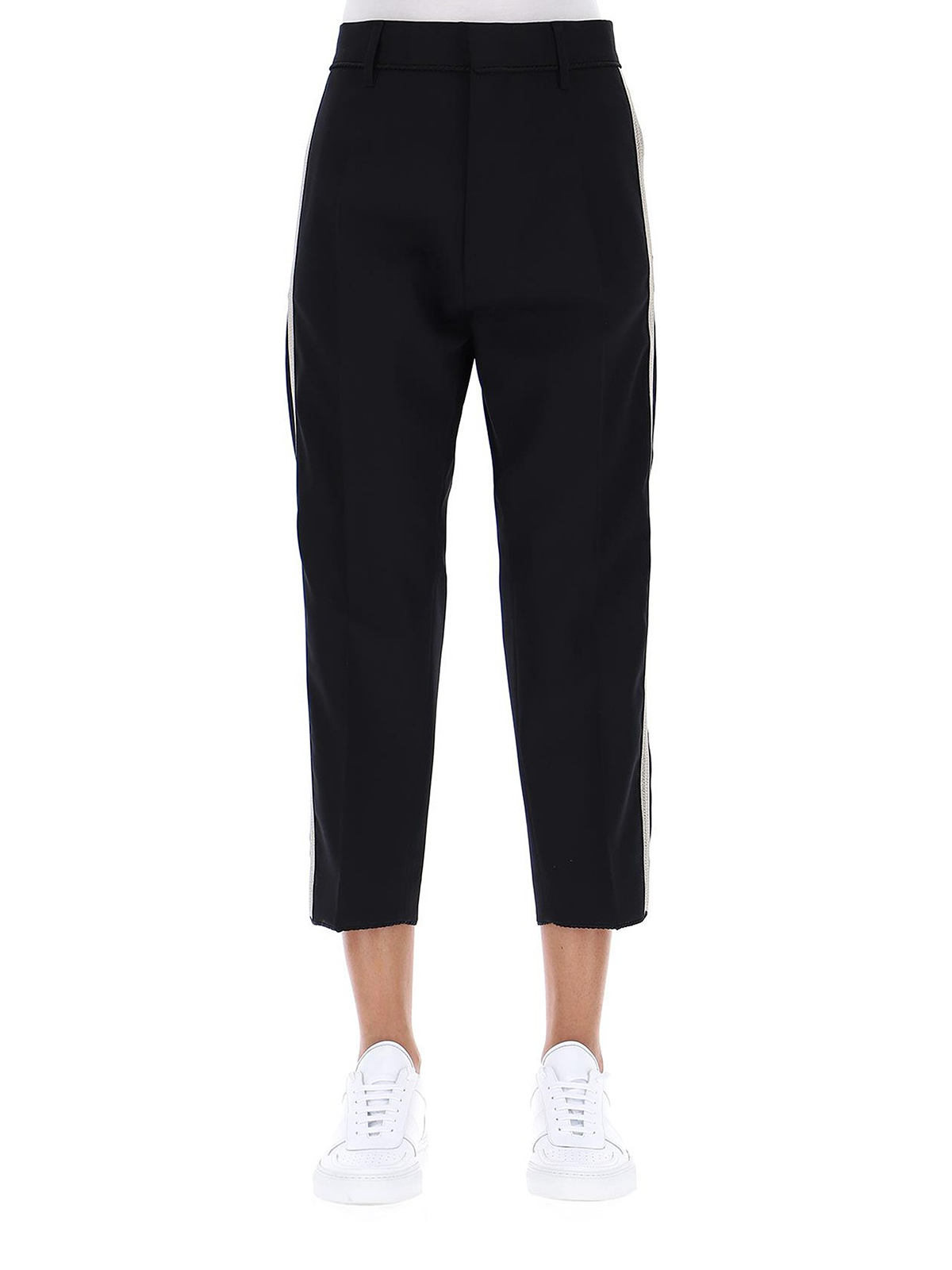 Shop Dsquared2 Cropped Wool Trousers With Contrasting Bands In Negro