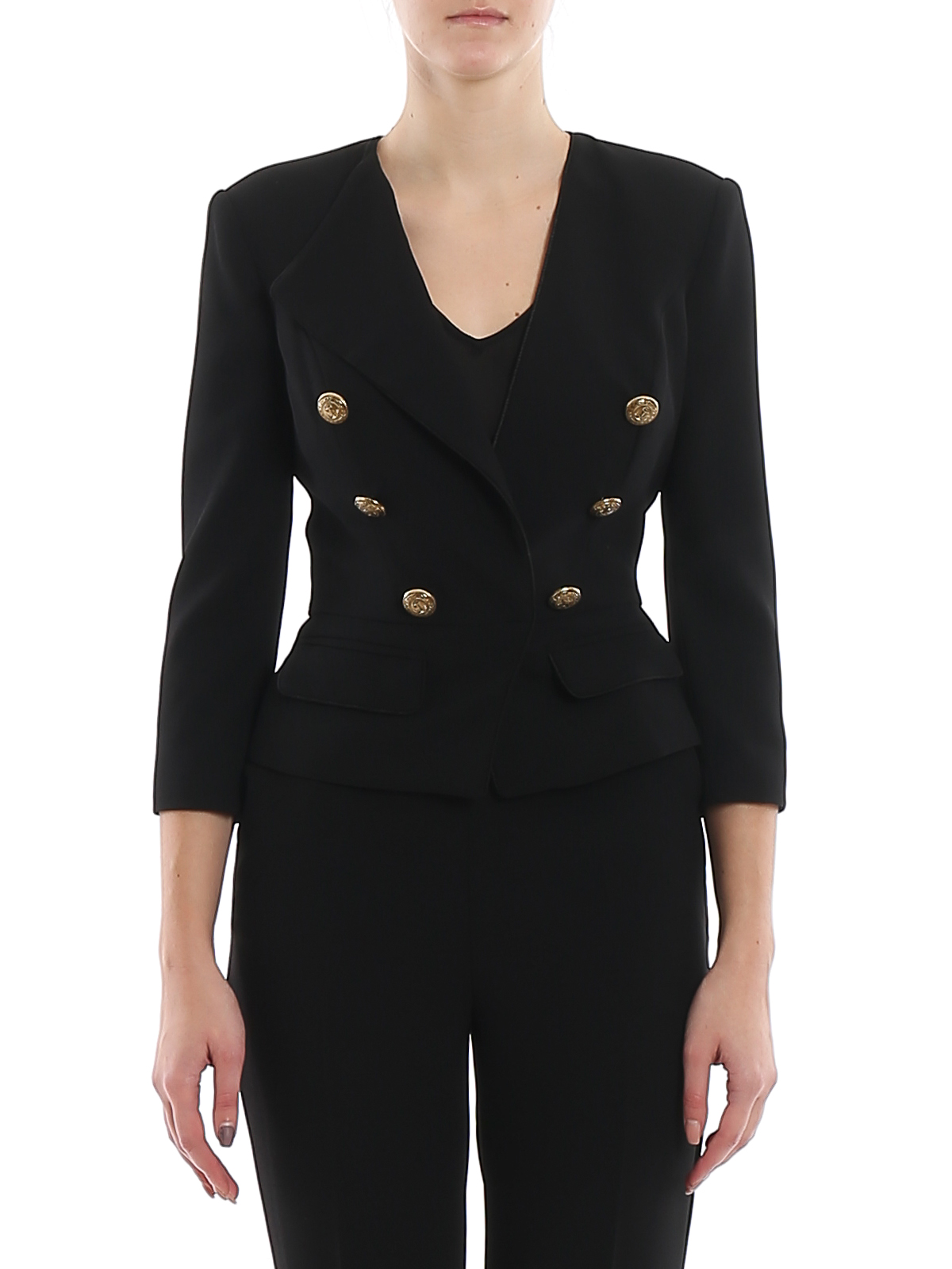 short black blazer with gold buttons