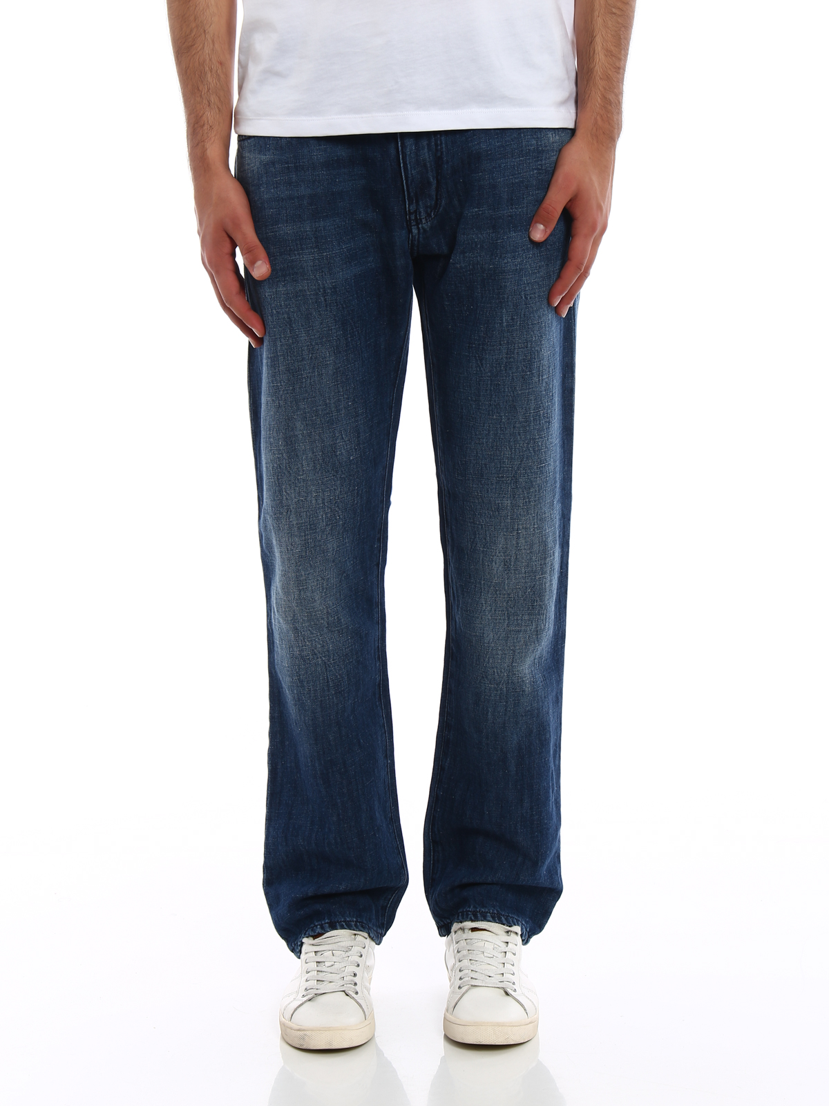 Shop Emporio Armani Dark Wash Cotton And Linen Jeans