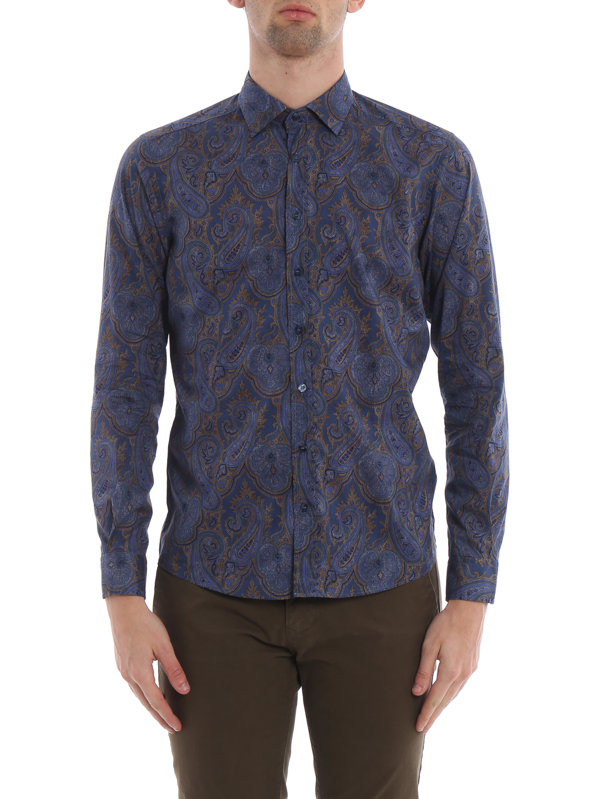 Etro men's shirt in cotton with paisley pattern Blue