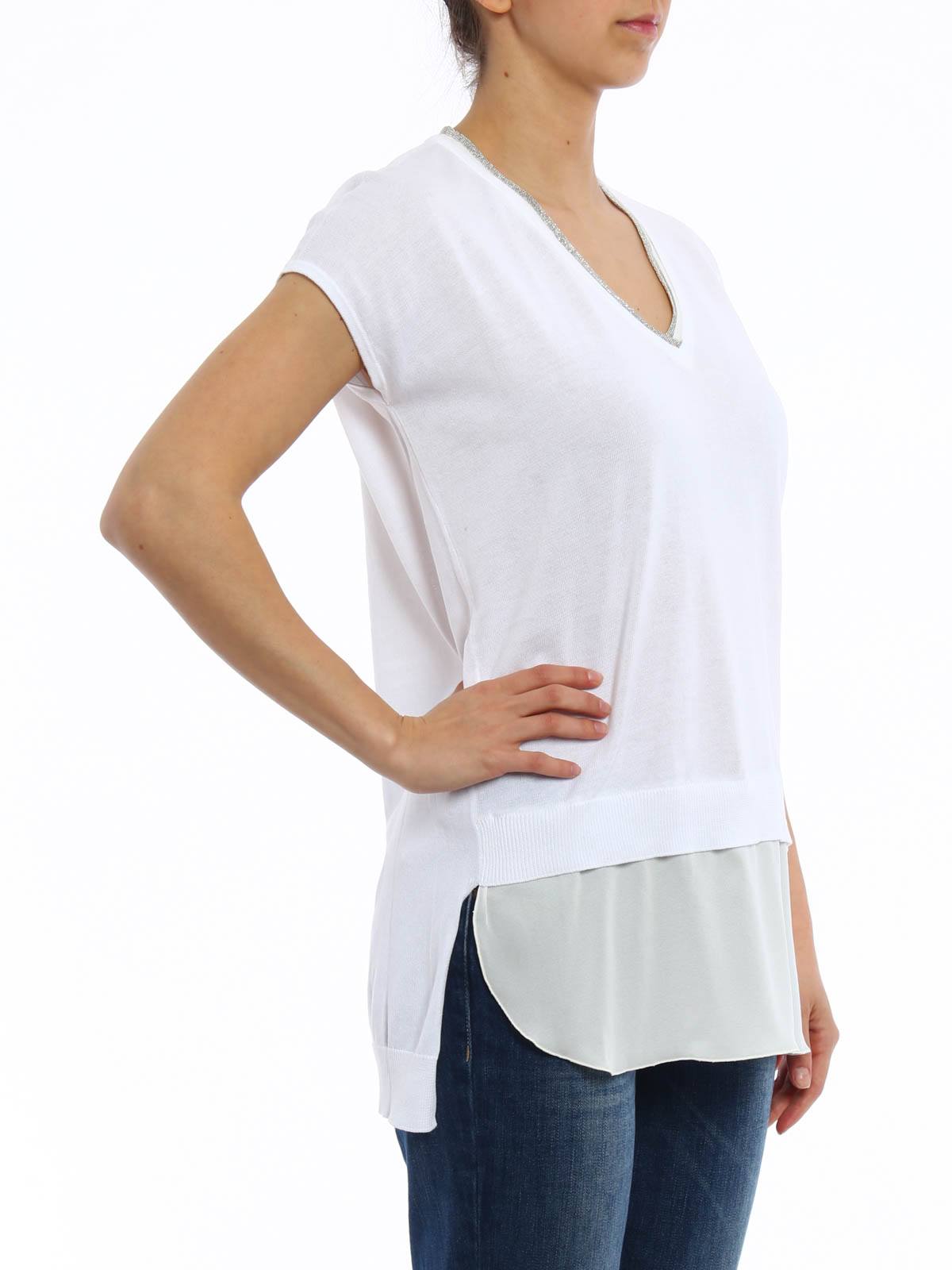 FABIANA FILIPPI ハイゲージ コットンニット Vネック ビーズ Fabiana Filippi V-neck Top | Neutrals | FARFETCH