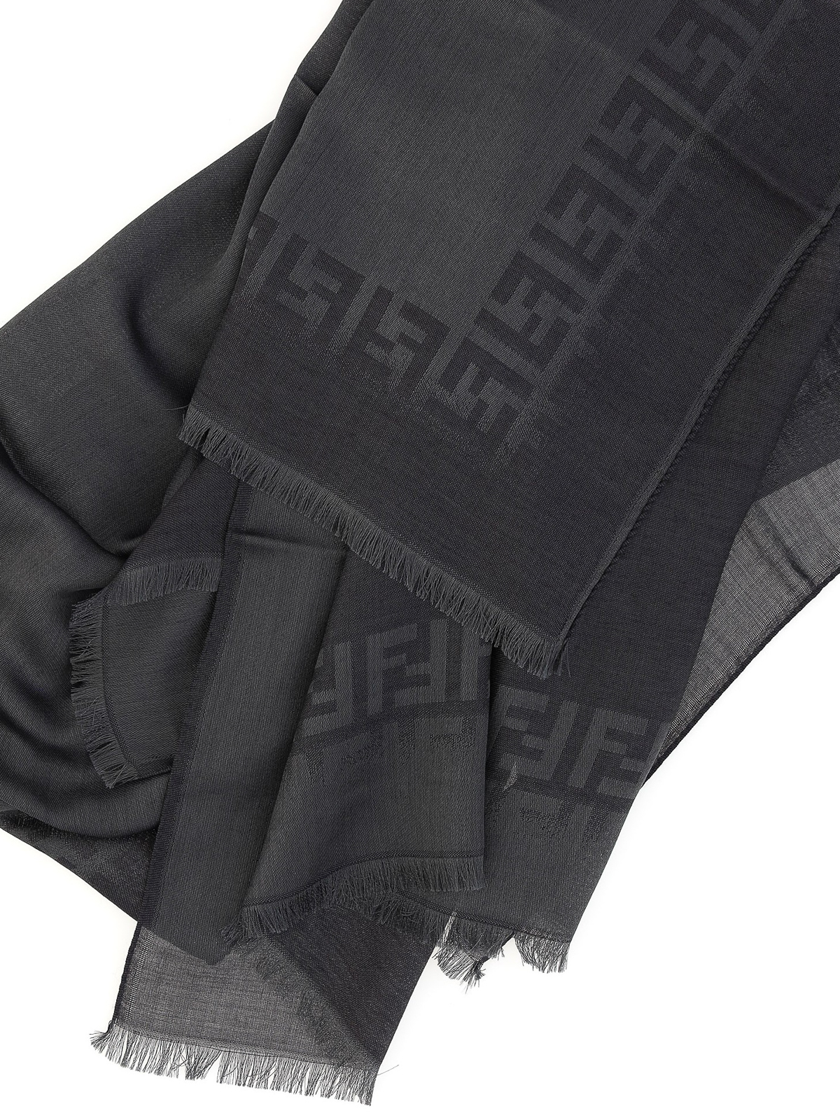 Fendi Black Applique Detail Karlito Silk & Wool Scarf
