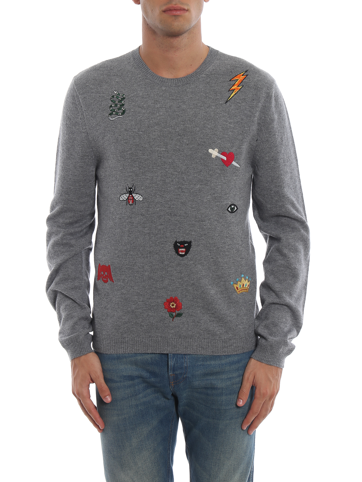 rapport Selvrespekt Ekspression Crew necks Gucci - Grey knit wool embroidered sweater - 527932X9V551113