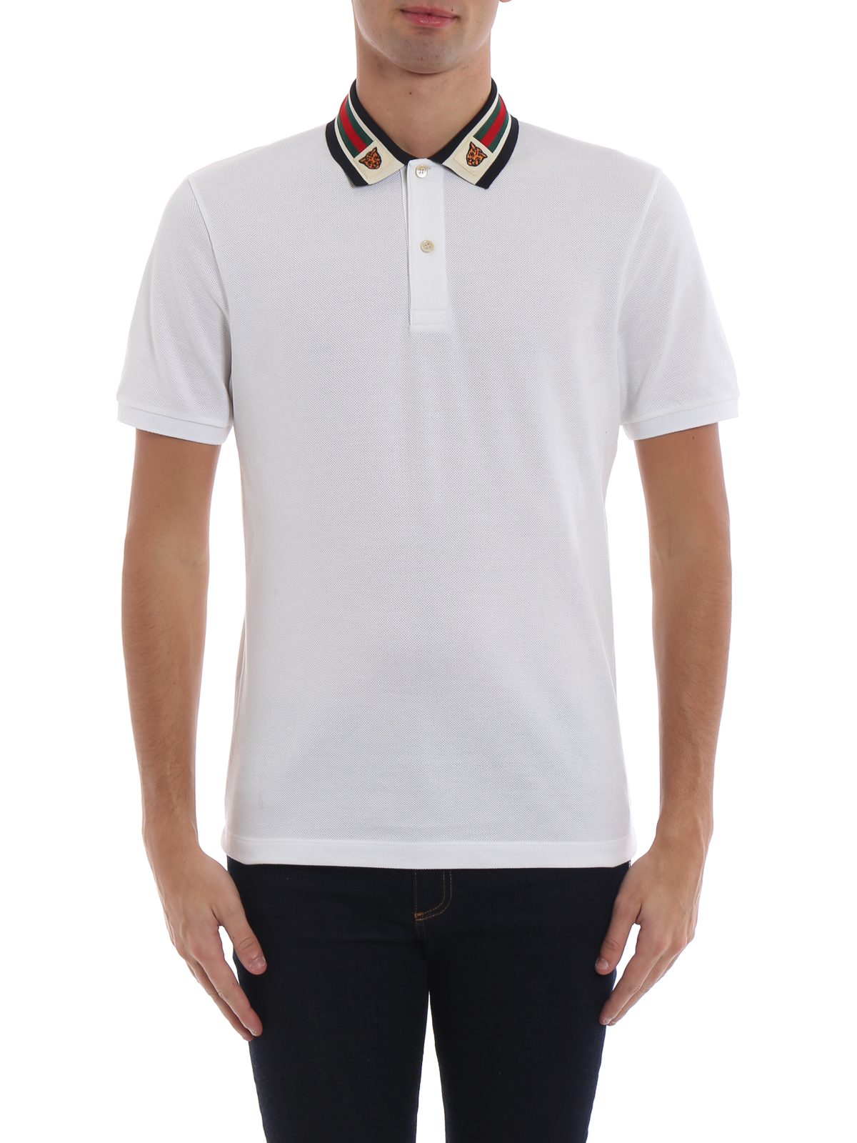 Polo shirts Gucci - Web collar white cotton piquet polo shirt