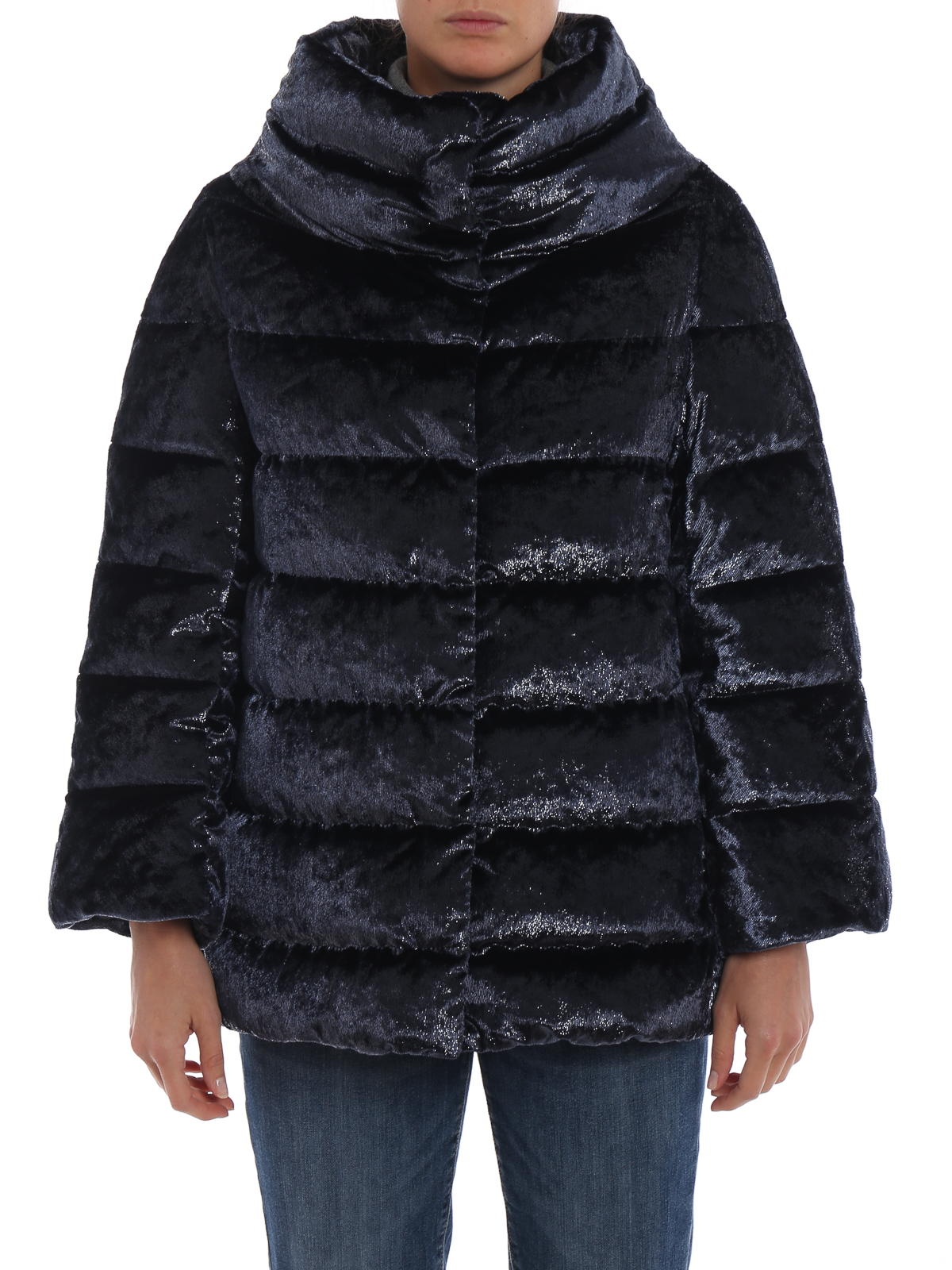 Herno Midnight blue shimmering velvet puffer jacket PI0861D9200