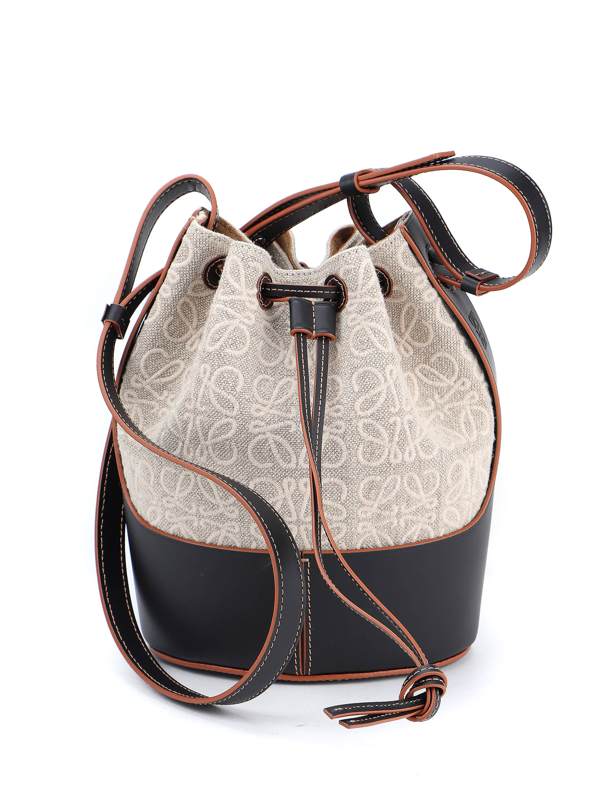 Loewe Small Balloon Anagram Embroidered Linen & Leather Bucket Bag In  Natural Black
