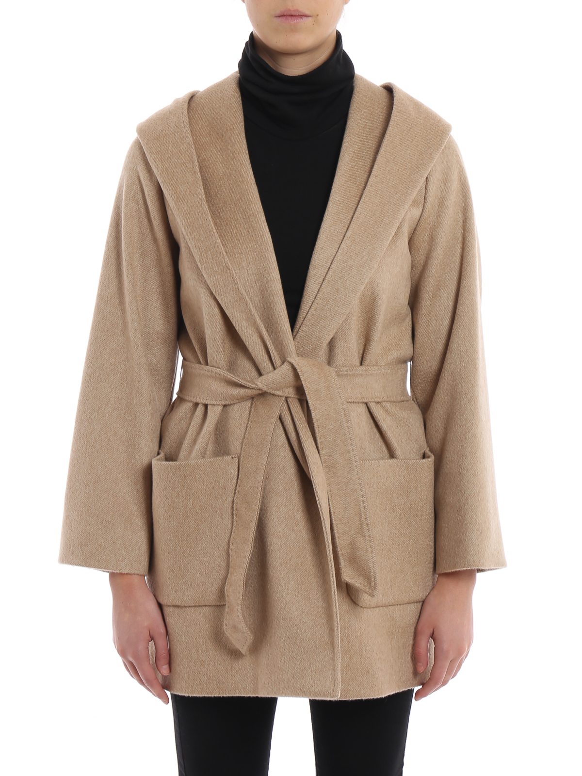 Max Mara Studio Hooded Belted Coat in Brown