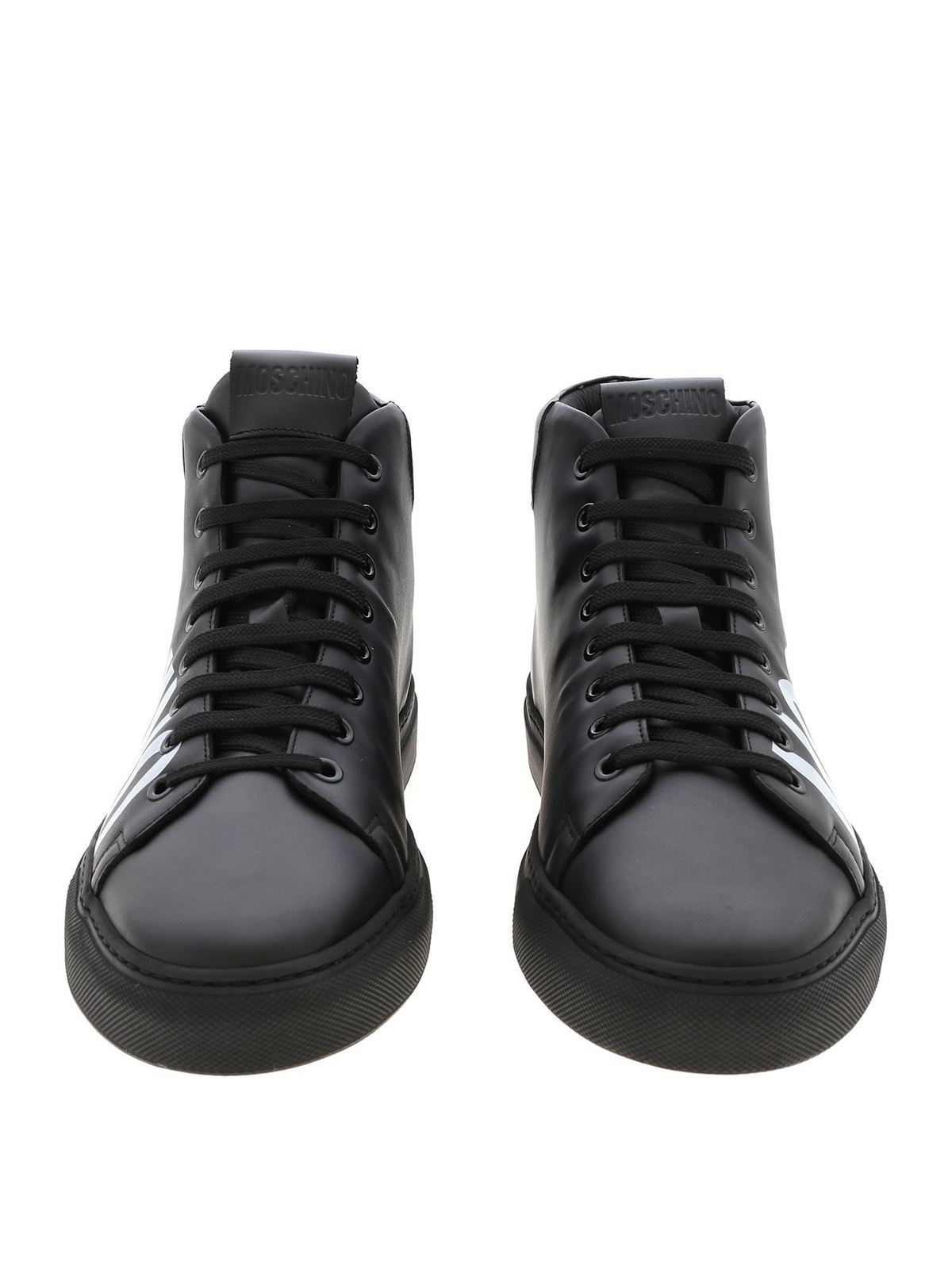 Shop Moschino Logo Print Leather Sneakers In Negro