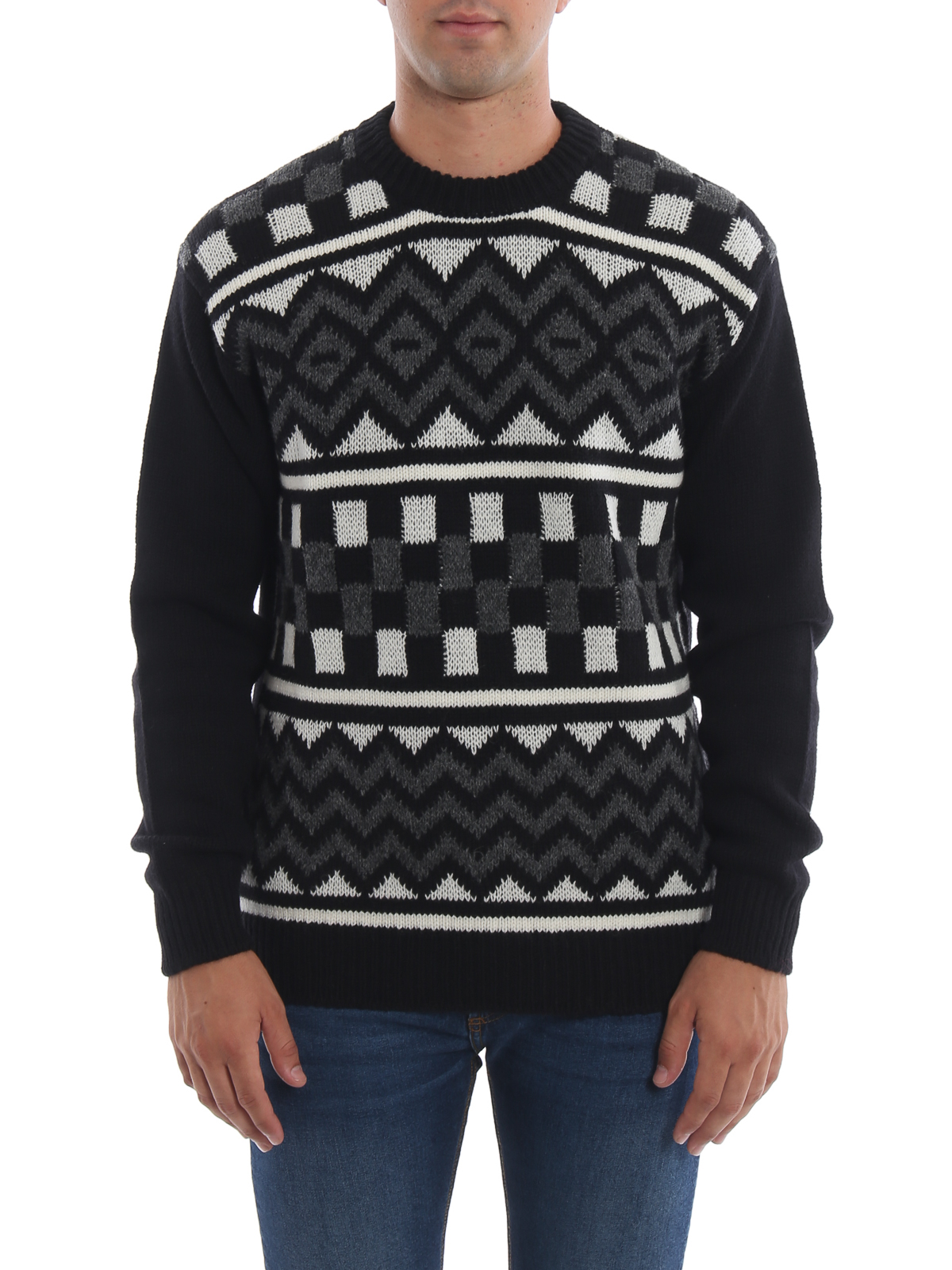 Crew necks Prada - Damier black and white intarsia wool sweater -  UMA8091CIOXCQ