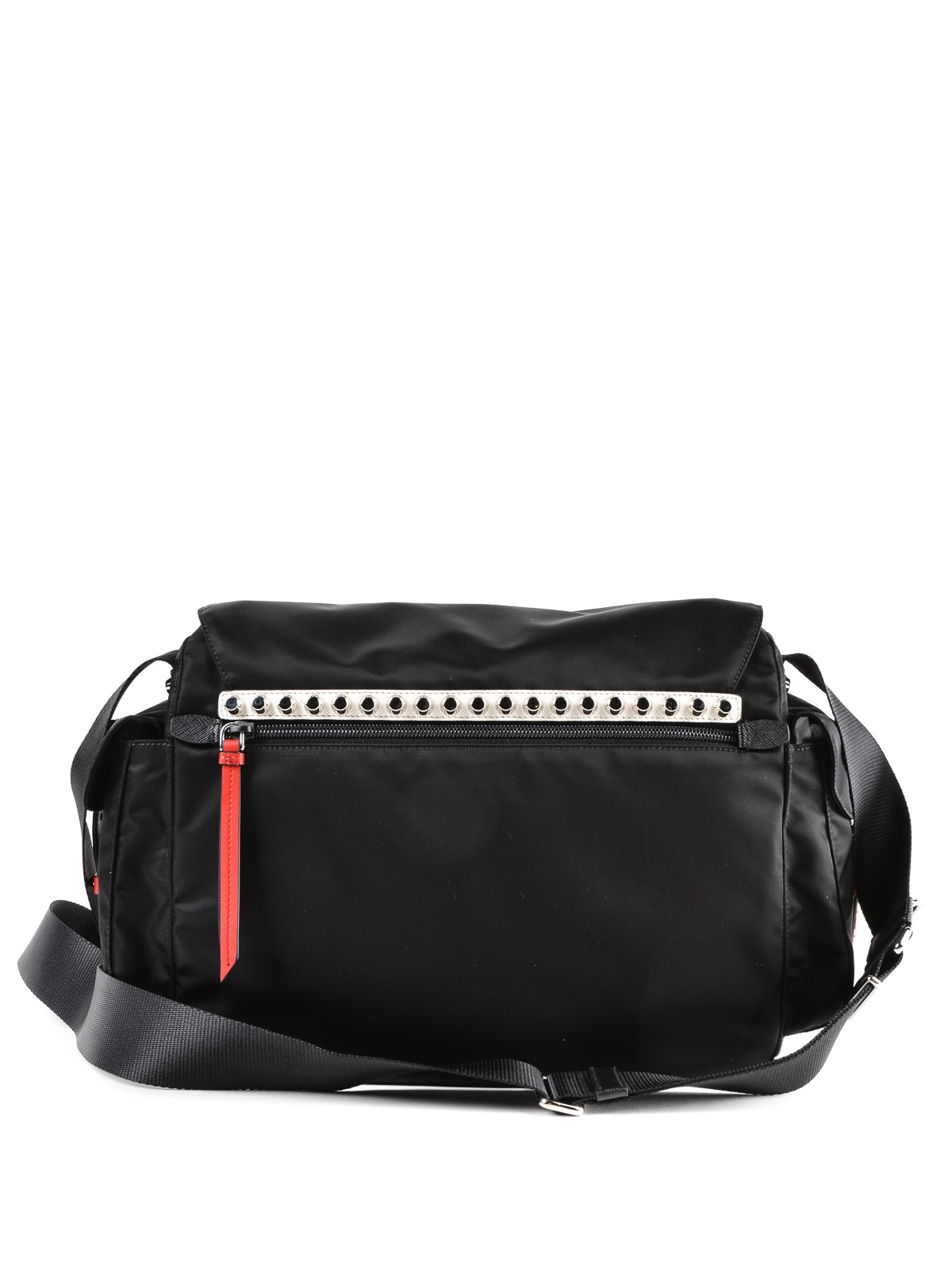 Prada Red/Black Nylon and Leather New Vela Studded Messenger Bag