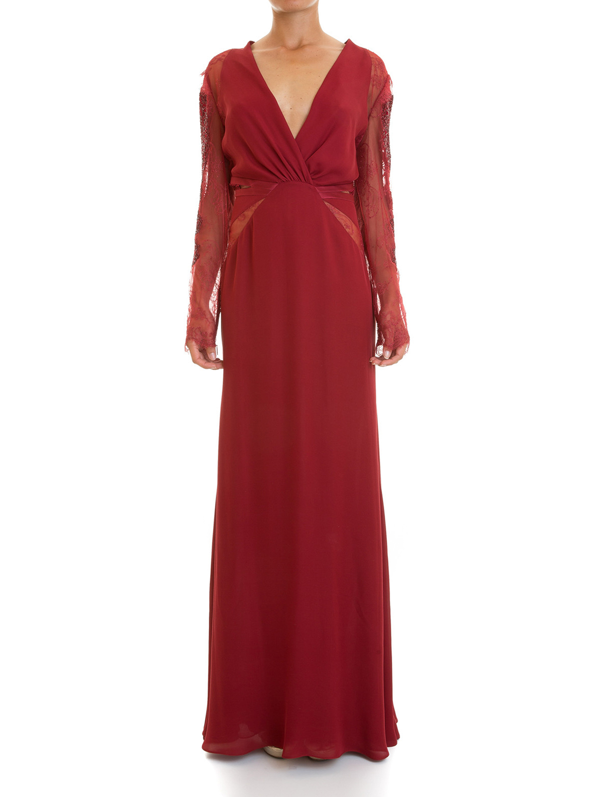 Shop Roberto Cavalli Embroidered Lace Sleeved Silk Gown In Rojo Oscuro