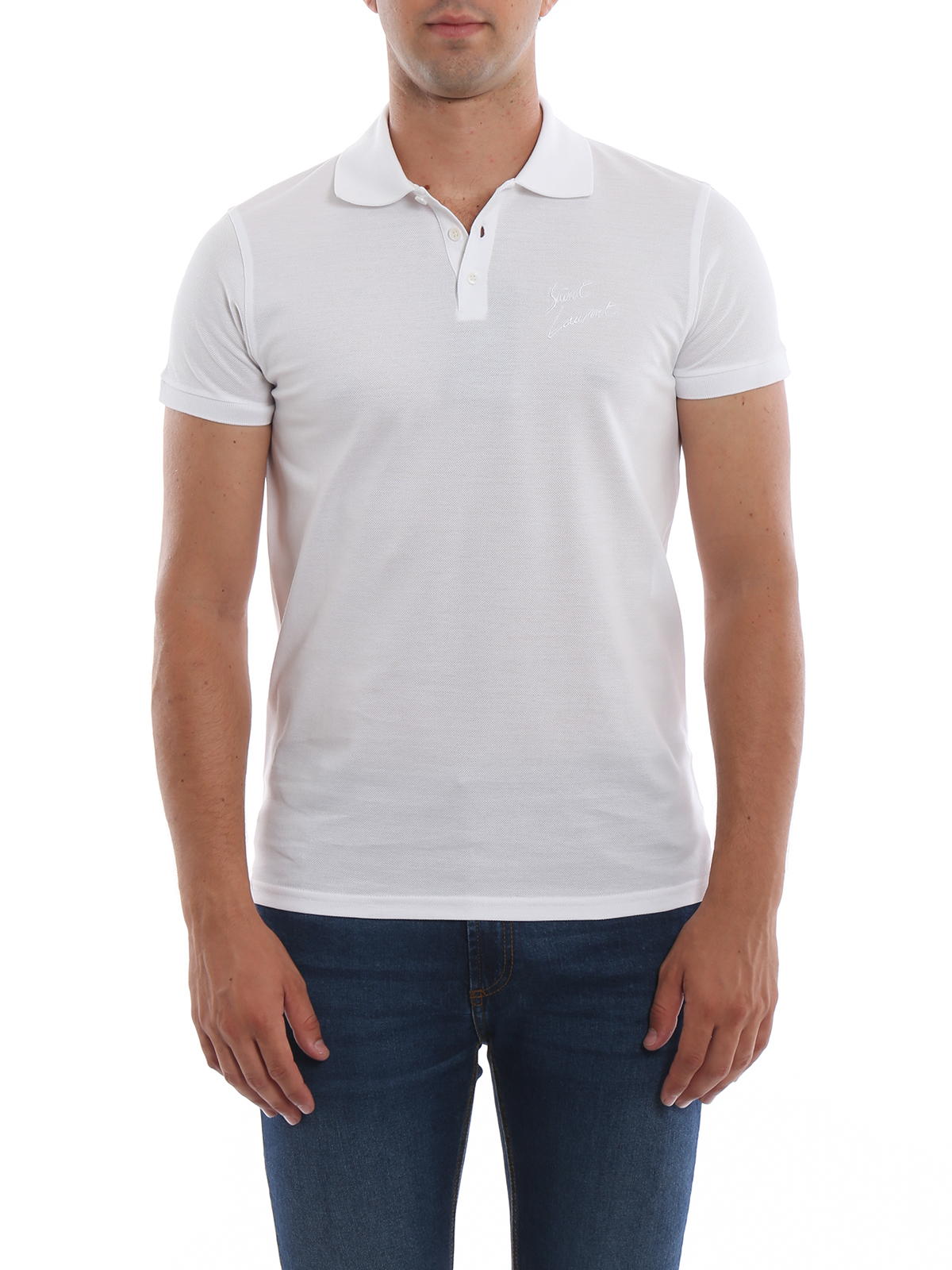Polo shirts Saint Laurent - Embroidered signature white pique polo
