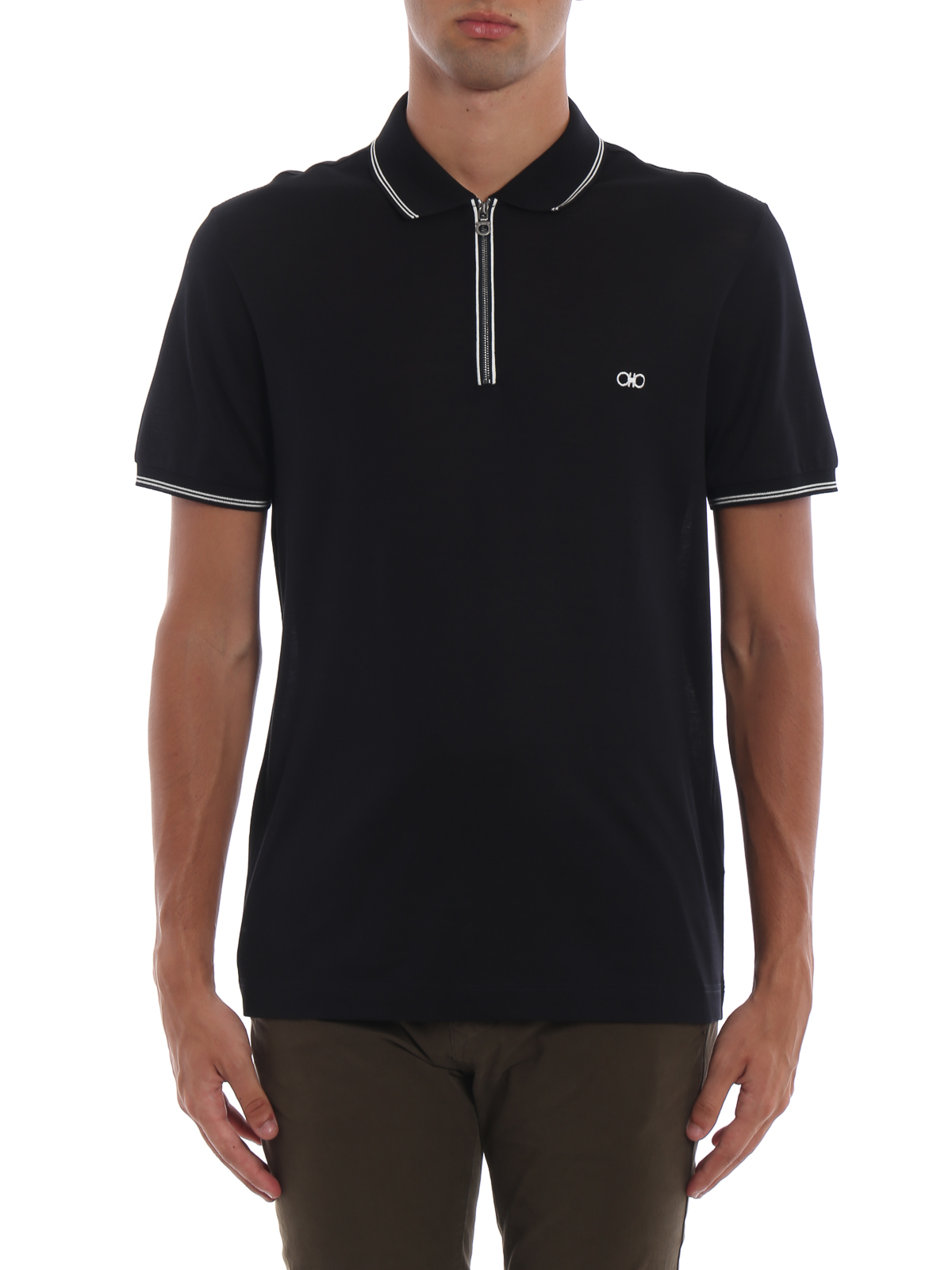 Ferragamo Dark navy cotton pique zipped polo shirt|126153698230
