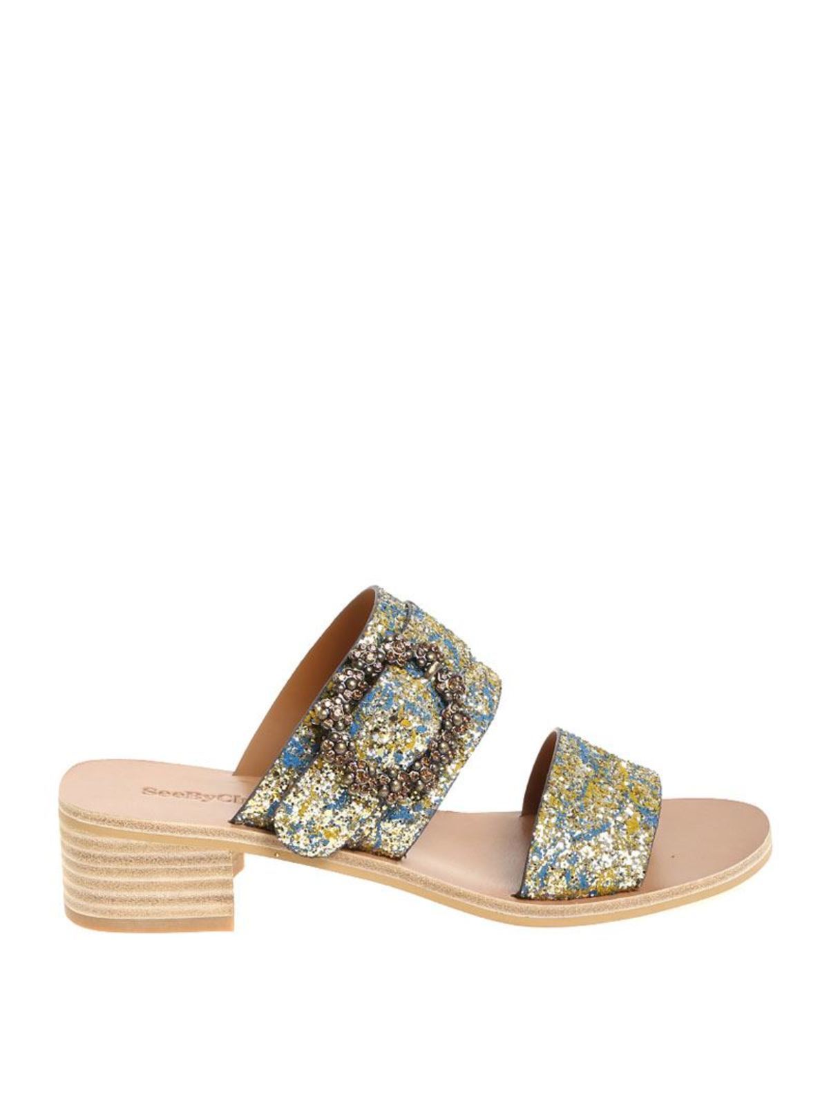 Shop See By Chloé Leather Glitter Sandals In Multicolor
