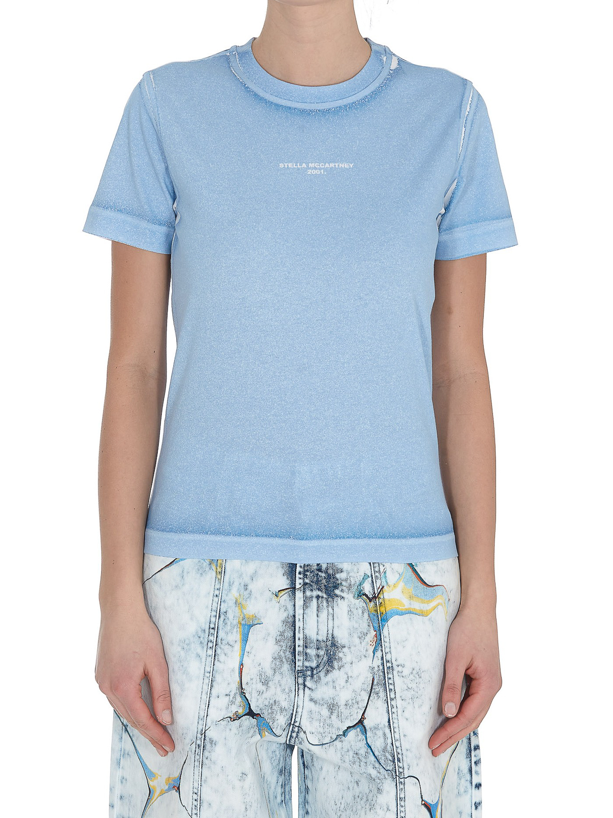 Shop Stella Mccartney Faded-effect Cotton T-shirt In Light Blue