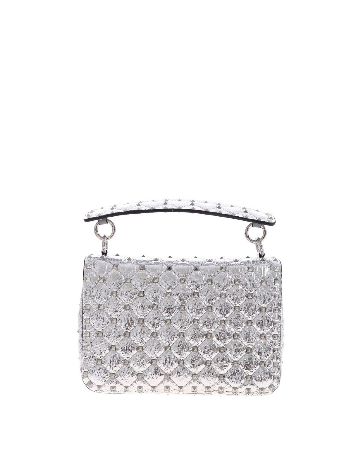 Valentino Garavani Small Metallic Quilted Rockstud Spike Shoulder Bag in  Silver