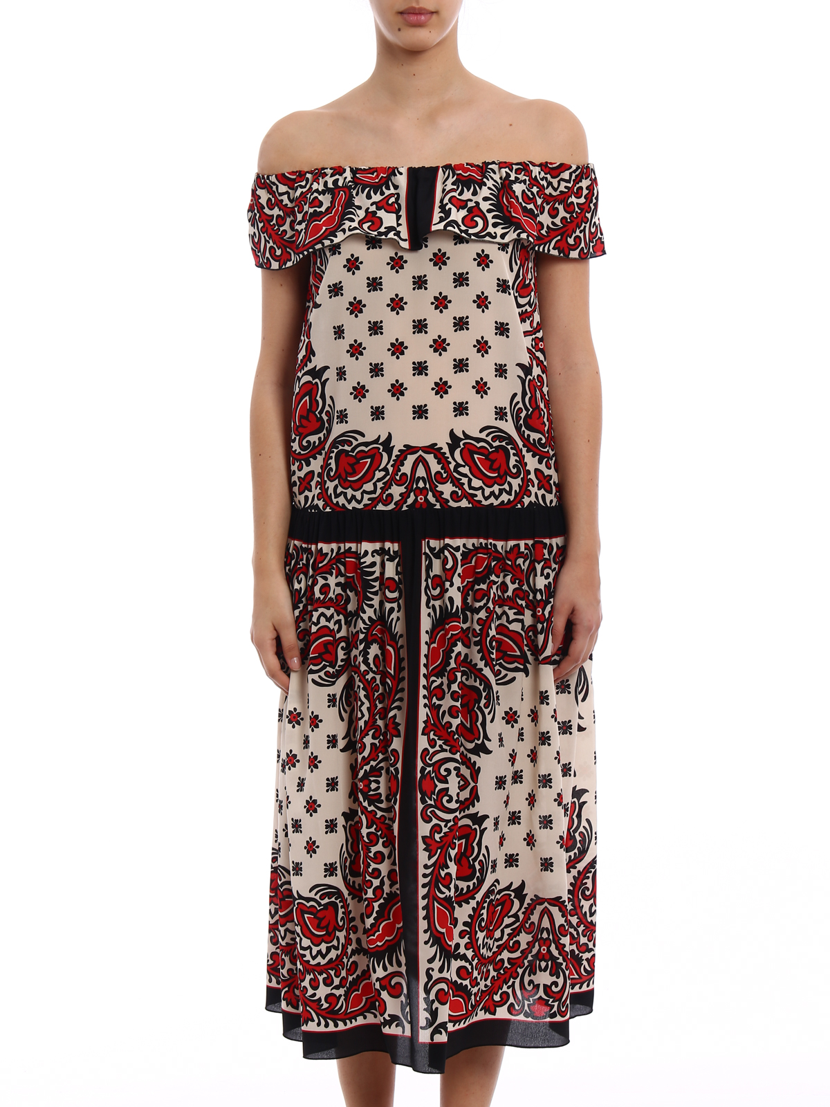 valentino red off the shoulder dress VALENTINO GARAVANI Off-The-Shoulder Gathered Silk-Satin Mini Dress