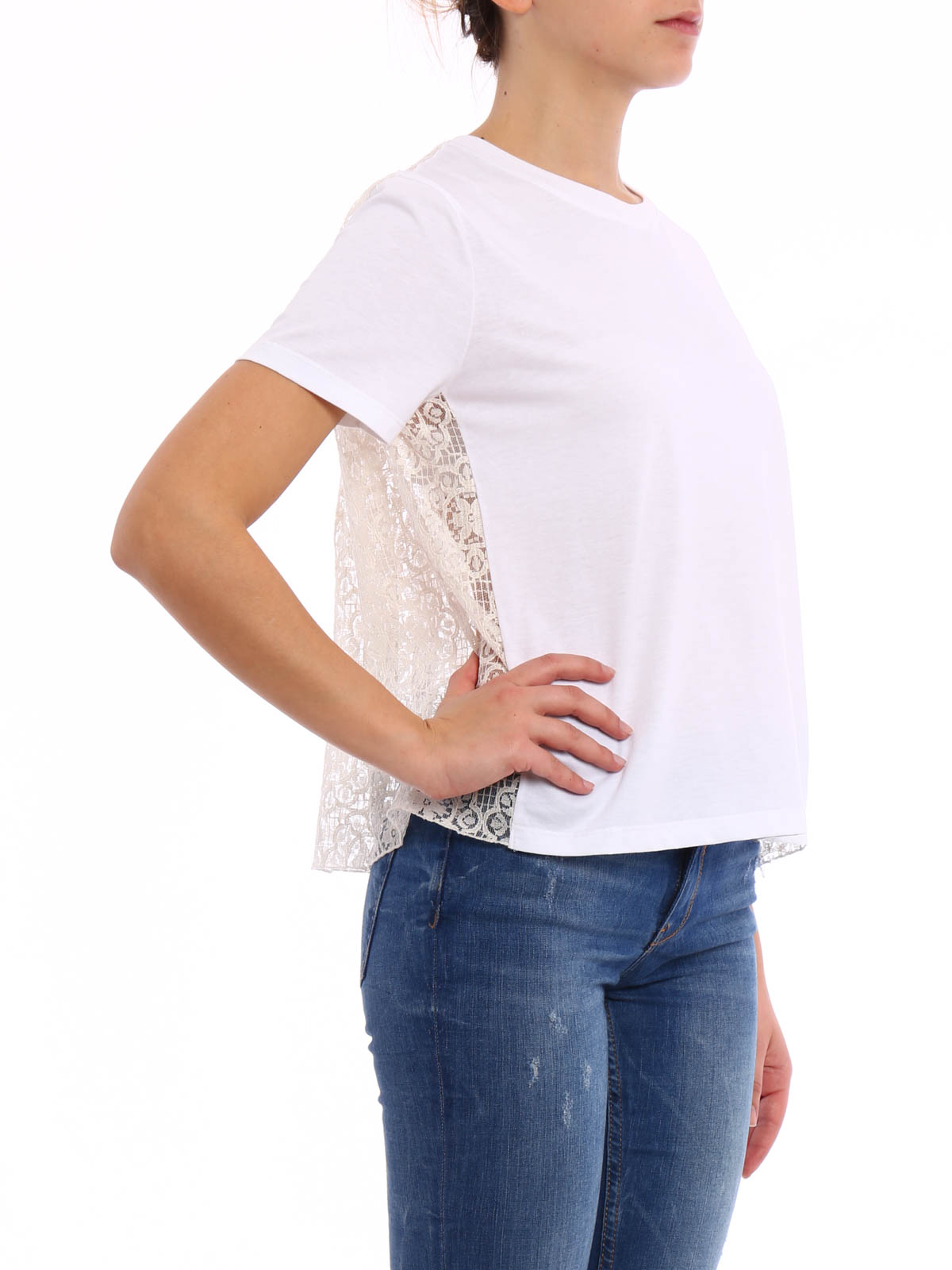 Valentino Red Lace and cotton t-shirt - White|KR0MG03L2C40BO