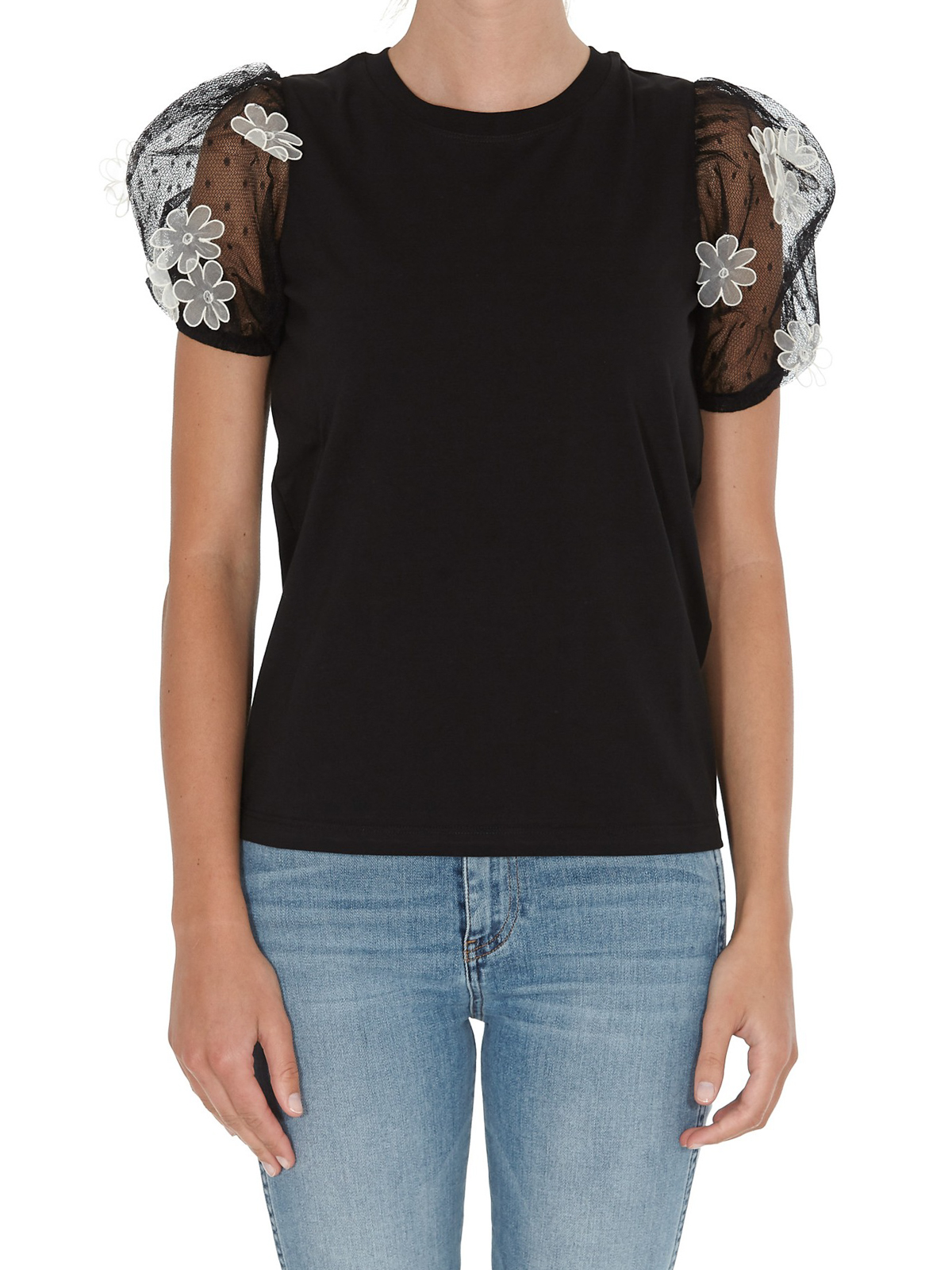 ヴァレンティノ Crepe tulle short sleeves tops Valentino Red Tulle sleeve cotton T-shirt - Black