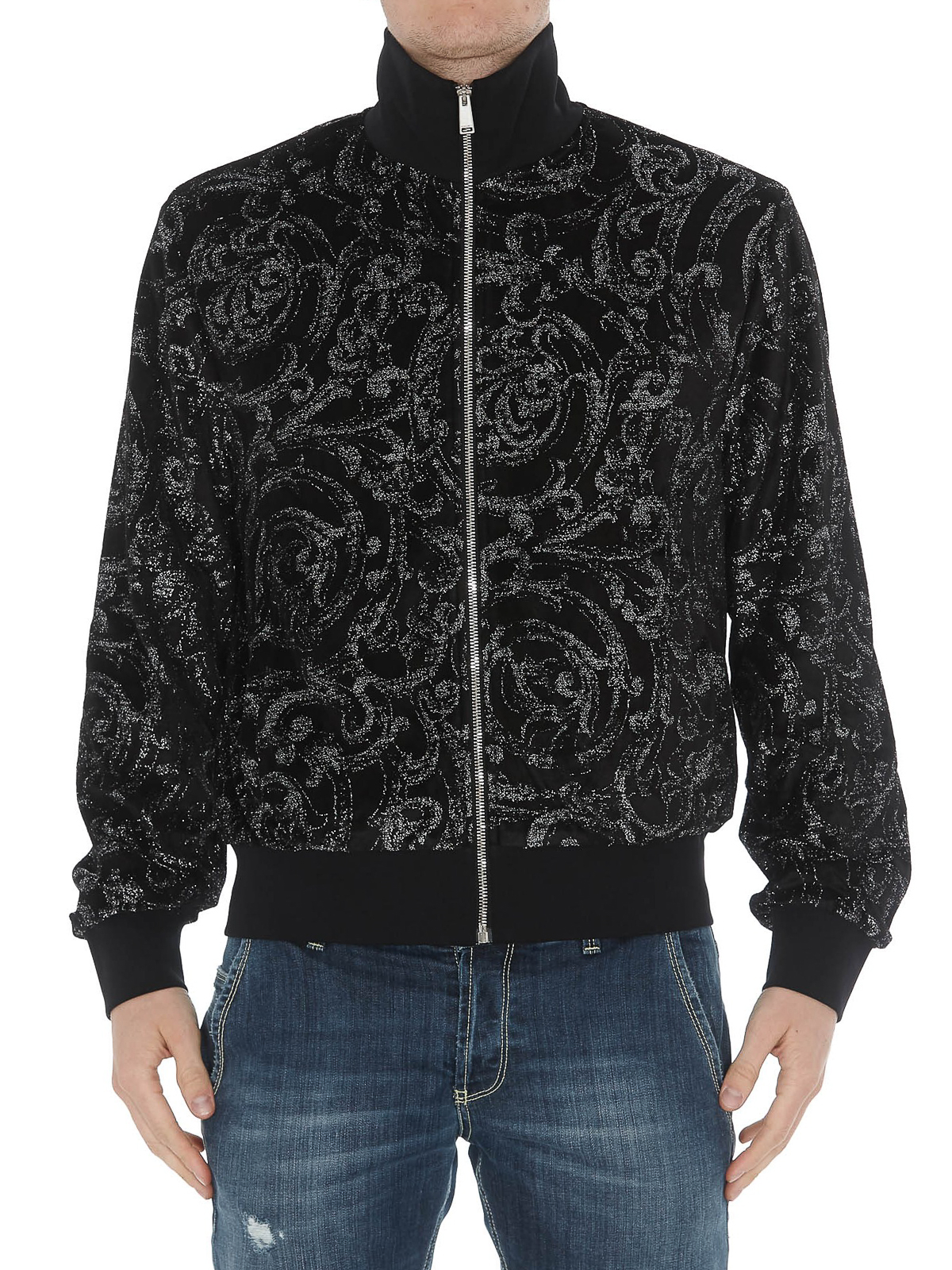 Versace Barocco-jacquard Denim Jacket In Black