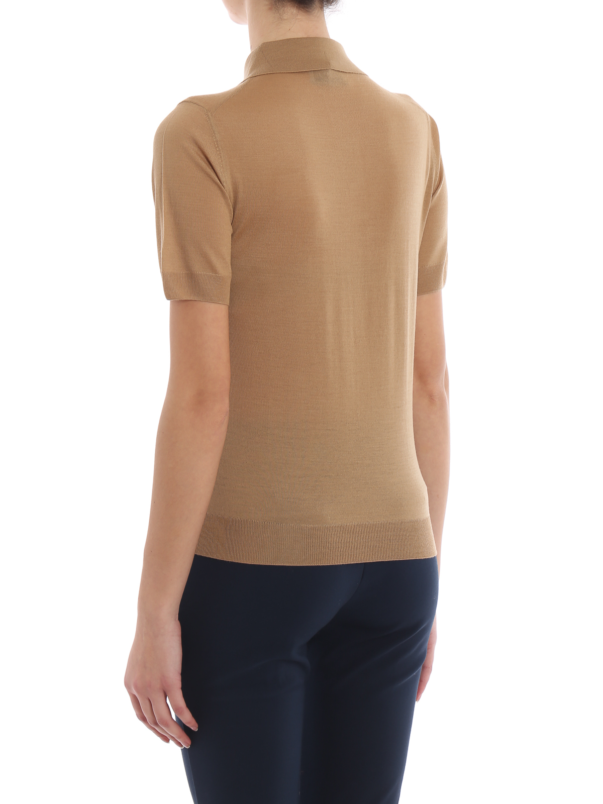 Prada Logo intarsia chestnut knit wool polo shirt